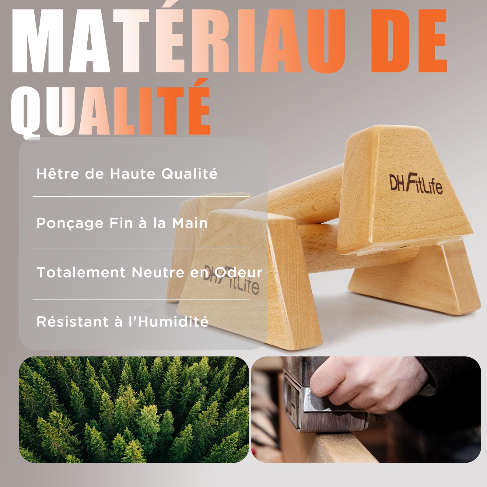 DH FitLife Poignées de Pompes en Bois - 2x Poignées Antidérapantes et Respectueuses des Articulations pour Pompes | Parallettes | Barre parallele| Équipement de Calisthénics pour Entraînement de Force