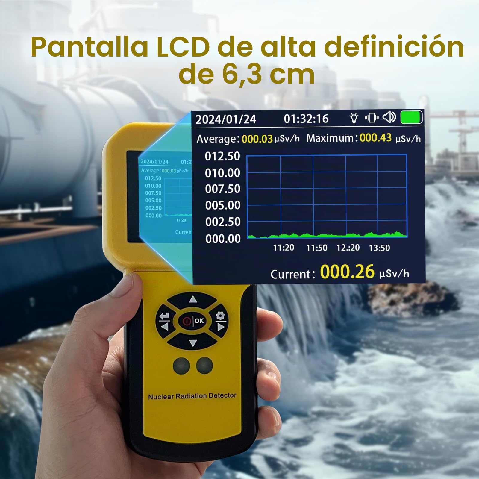 Contador Geiger, Detector de Radiación Nuclear con Pantalla LCD Detector Radioactivo Detecta Beta Gamma Rayos X Nivel CPM c/Alarma, Monitor de Radiación Recargable（Amarillo）