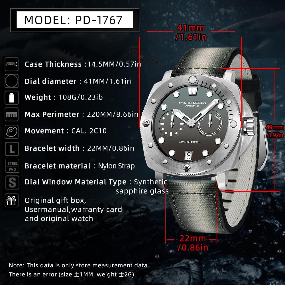 Pagani Design 1767 Reloj de Hombre automático 41MM Caja de Acero Inoxidable Espejo de Zafiro Reloj de Hombre con Cuerda automática Correa de Nylon. (Verde Claro)