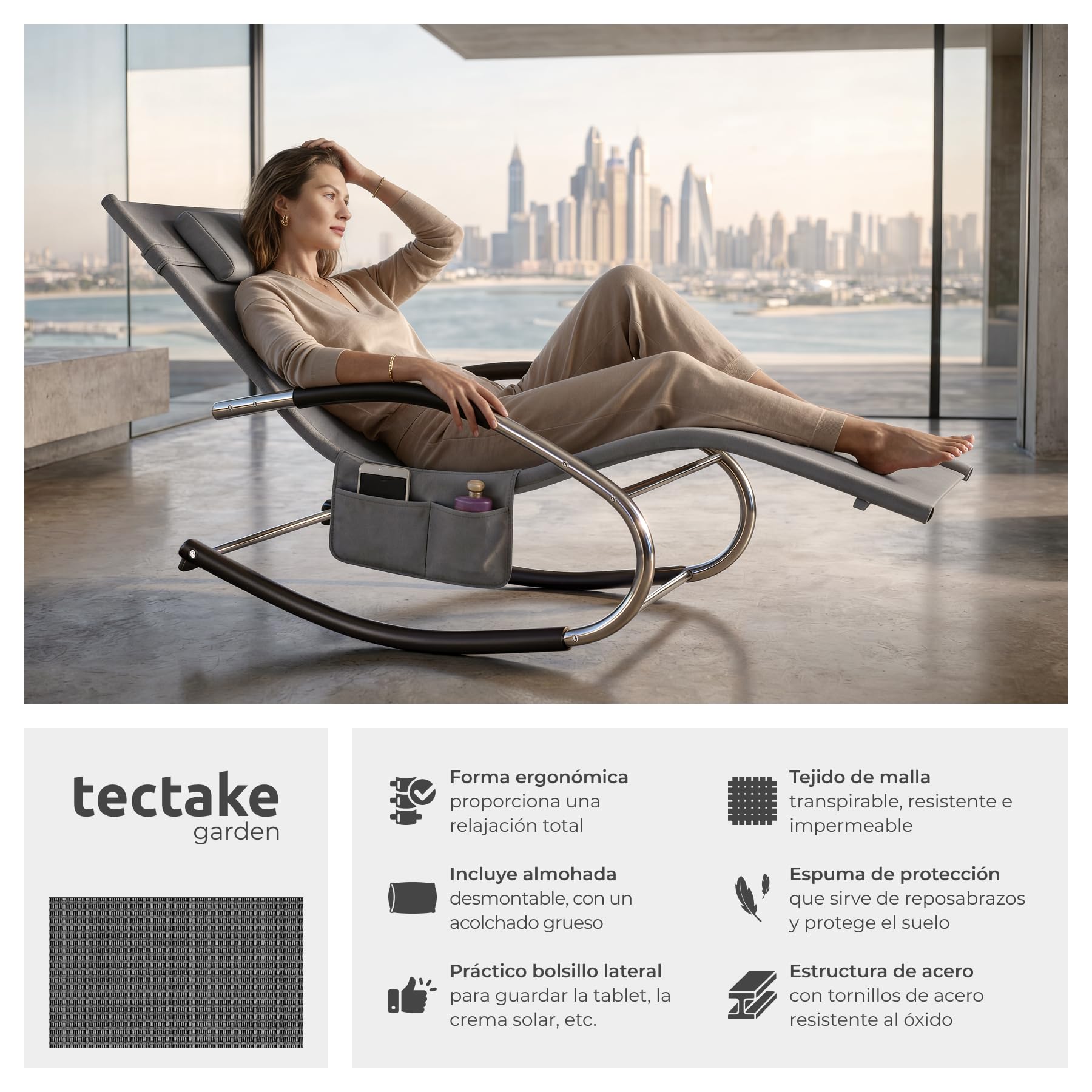 tectake® Tumbona Sol Exterior con Almohada, Tumbonas Piscina con Bolsillo Lateral, Resistente al Agua y Tejido Transpirable, Capacidad de Carga: 120kg, Sillas de Terraza - Gris