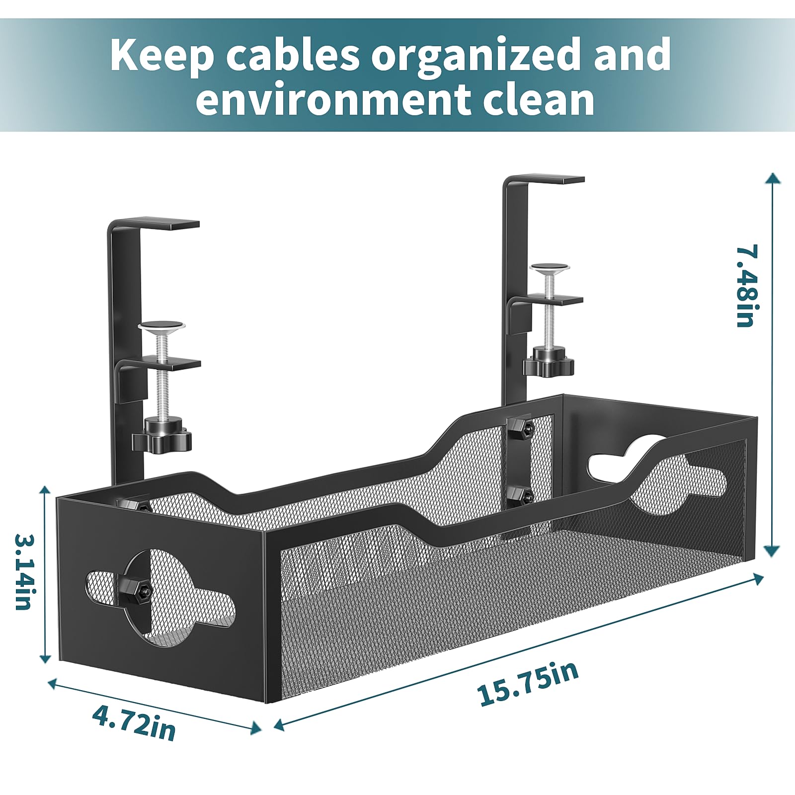 Under Desk Cable Management Tray Black, Litwaro Cable Management Under Desk No Drill, Cable Organizer with Clamp for Wire Management, Cord Organizer No Damage to Desk for Office, Home