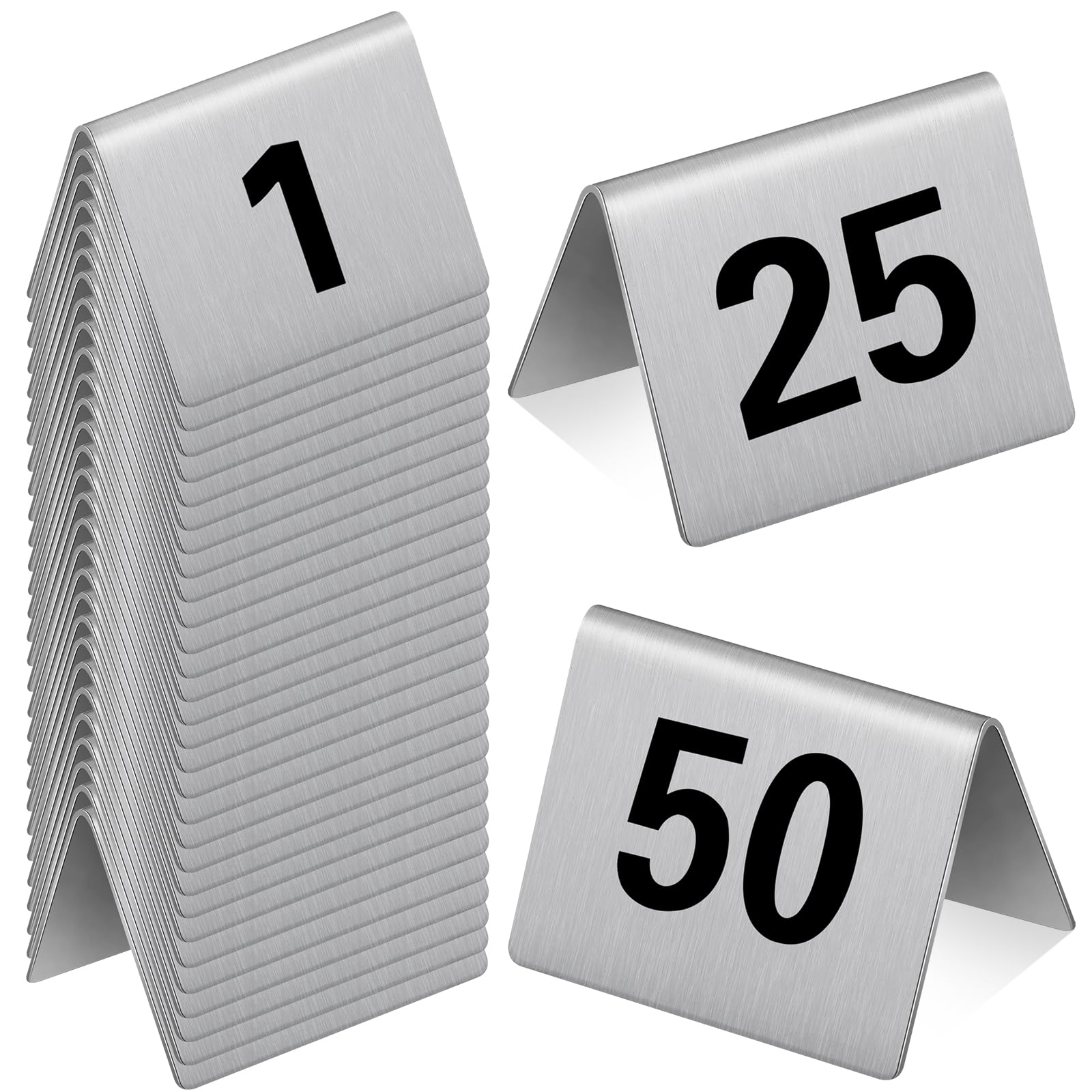 Wenqik 50 Pcs Stainless Steel Table Numbers 1-50 Tent Style 2 x 1.6 Inch Restaurants Table Number Card for Cafes Bars Party Banquets Food Service