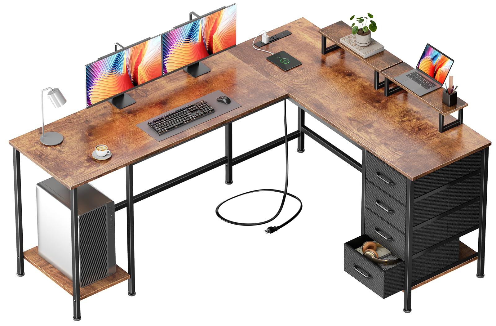 korfile 66" l shaped computer desk with power outlets, home office desk with 4 adjustable storage drawers & 2 monitor stands, large two person gaming table for writing study, rustic brown