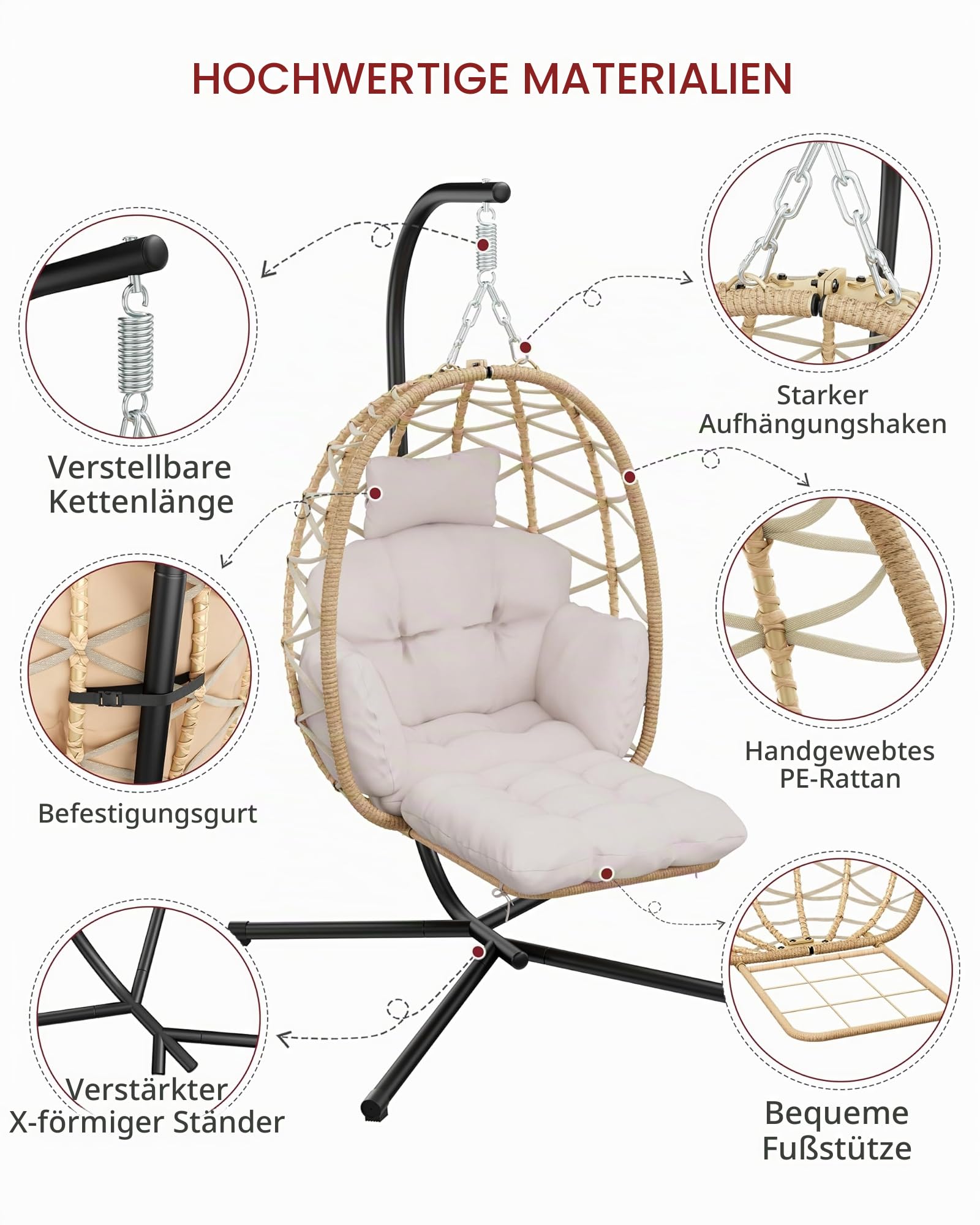 Hängesessel mit Gestell Fußstütze, Hängekorb Sessel, Hängestuhl Rattan Outdoor und Indoor, Hängeschaukel, Egg Chair für Garten, Terasse, Kinderzimmer, Leseecke, bis 150kg