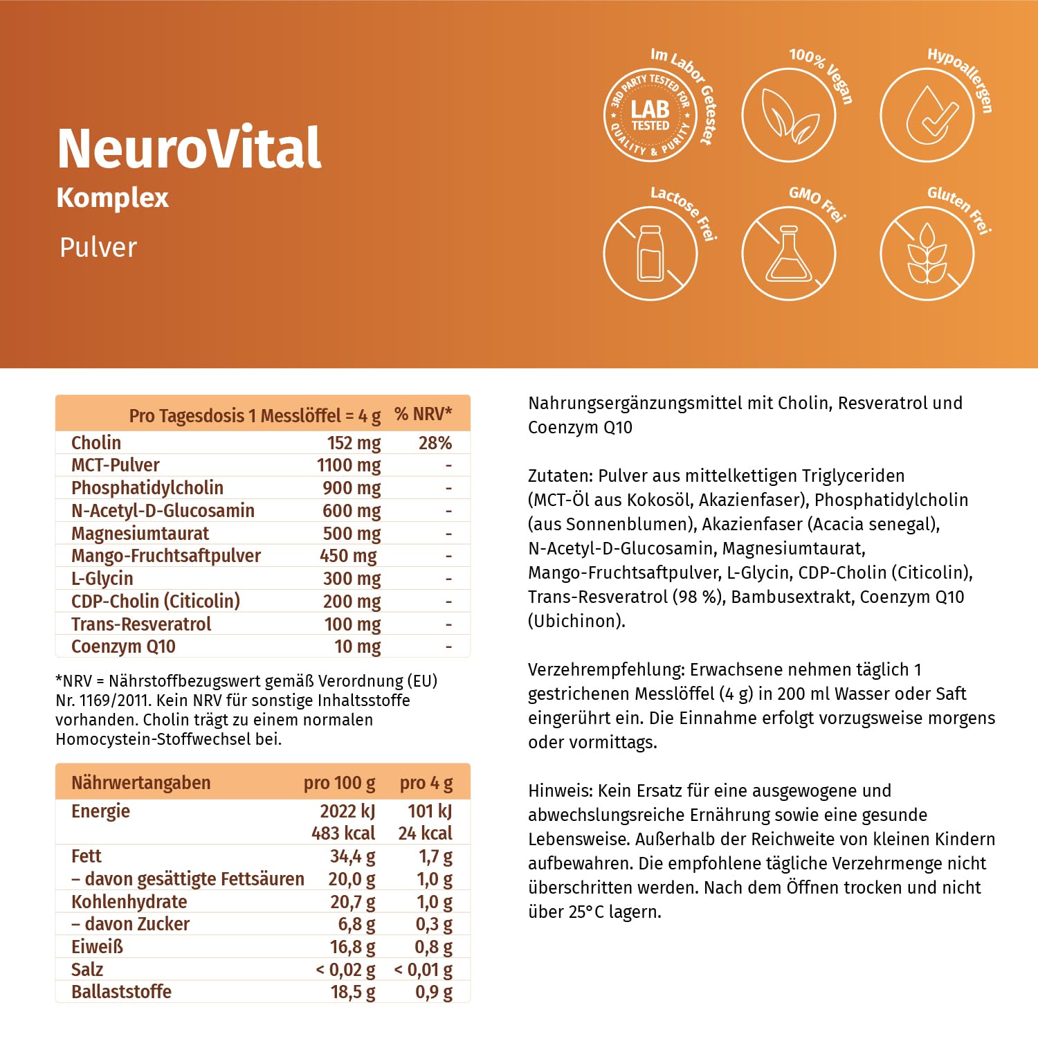 NeuroVital Komplex 300 Pulver – Nährstoffmischung mit MCT-Pulver, Citicolin (CDP-Cholin), Magnesium & Pflanzenstoffen – Nahrungsergänzung für bewusste Ernährung & aktive Lebensweise
