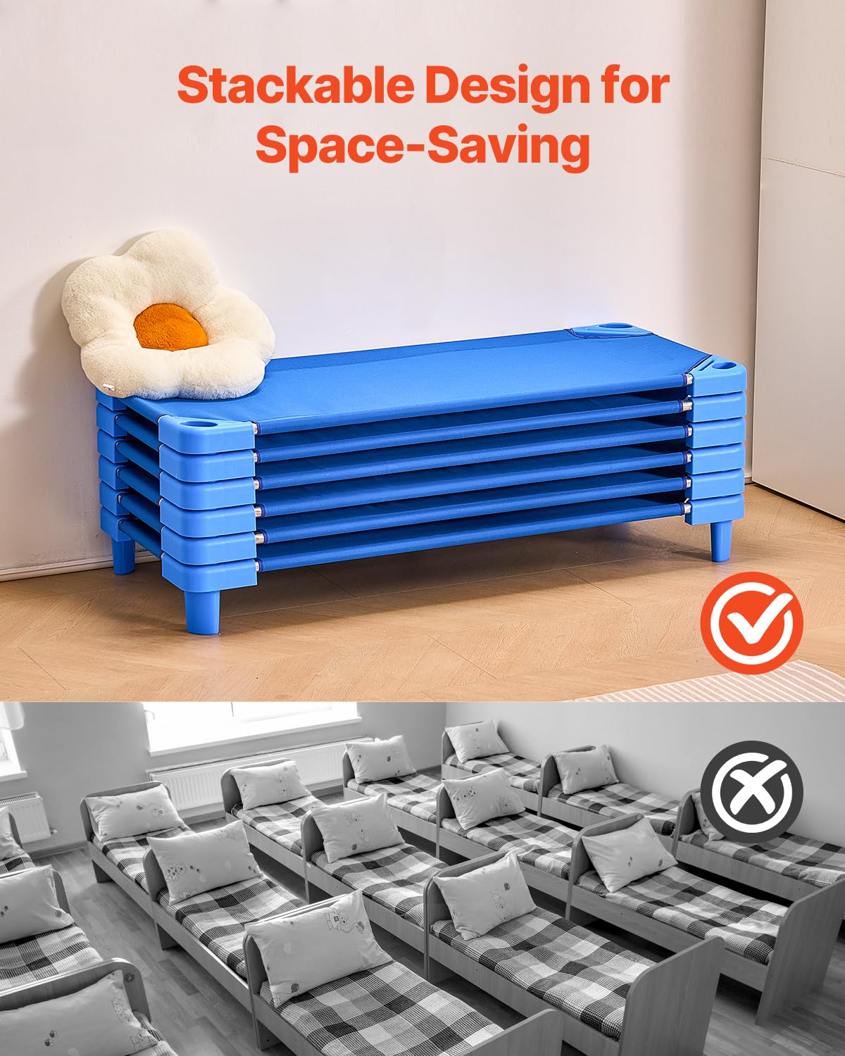 VEVOR Lit de Sieste empilable pour Enfant, 6 pcs, lit de Couchage Portable pour Tout-Petits, 130 x 57 cm, lit de garderie pour Enfants, pour Salle de Classe préscolaire, pour Dormir, se Reposer, Bleu