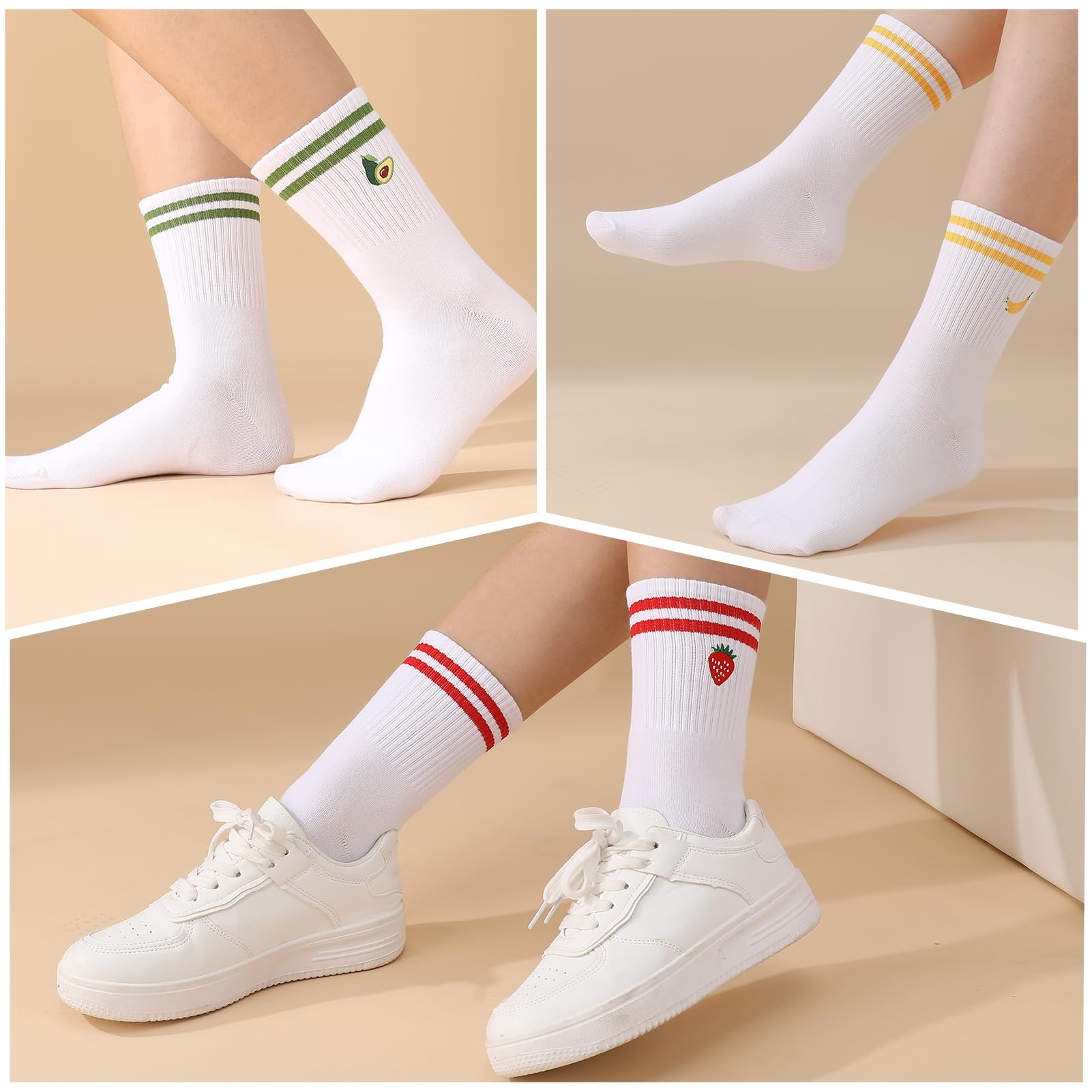 Utensilsto Lot de 6 paires de chaussettes de tennis pour femme - 39-42 - Blanc - Avec motif rayures de fruits - Chaussettes en coton - Cadeau amusant pour femme - Tennis - Course - Travail - Sport