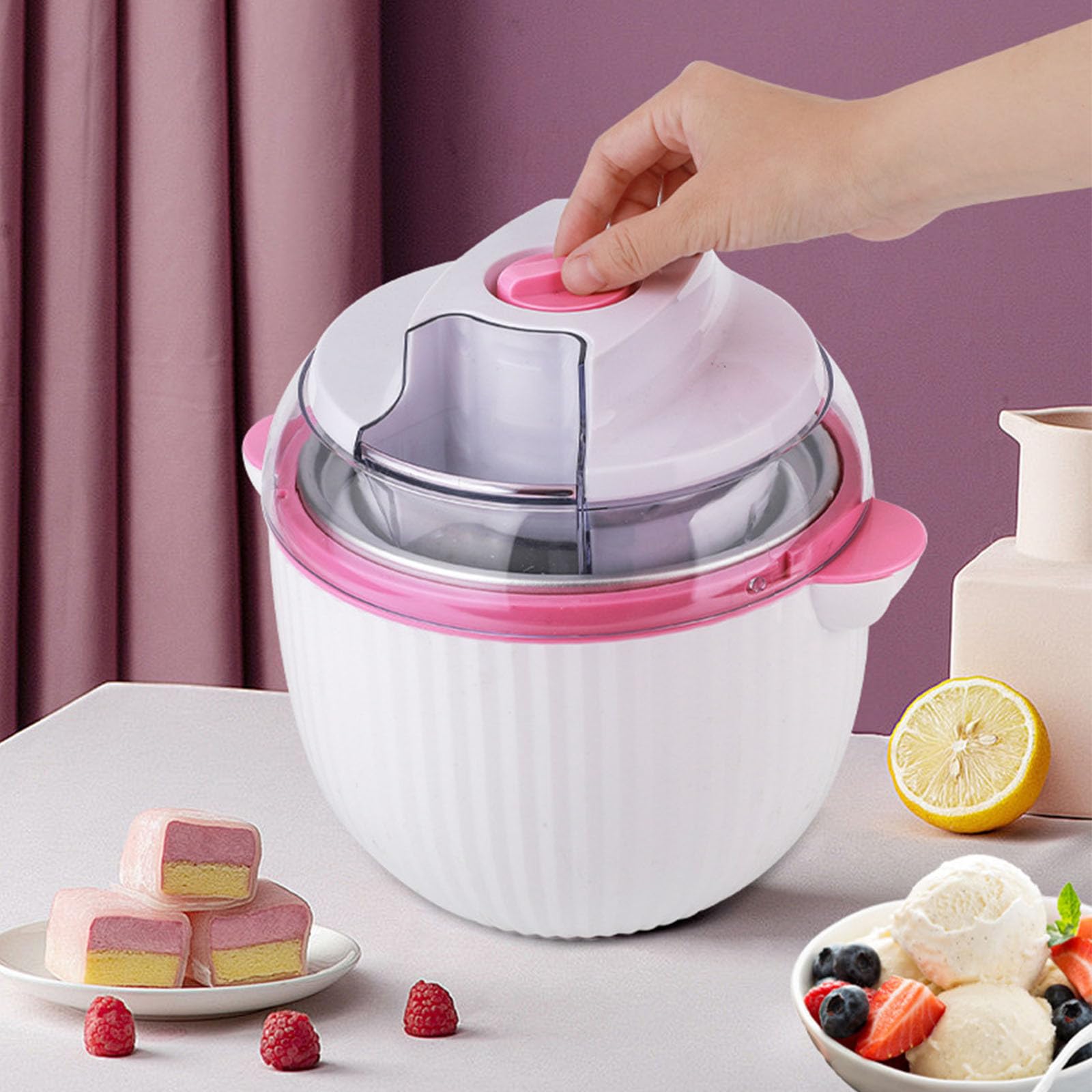 Soft-Serve-Eismaschine für Zuhause, 1L Automatischer Eiscremebereiter Mini, Tragbarer Frozen-Joghurt-Hersteller mit Dessertfunktion, Kompakte Küchenkleingeräte für Eiscreme und Sorbet (Rosa, A)
