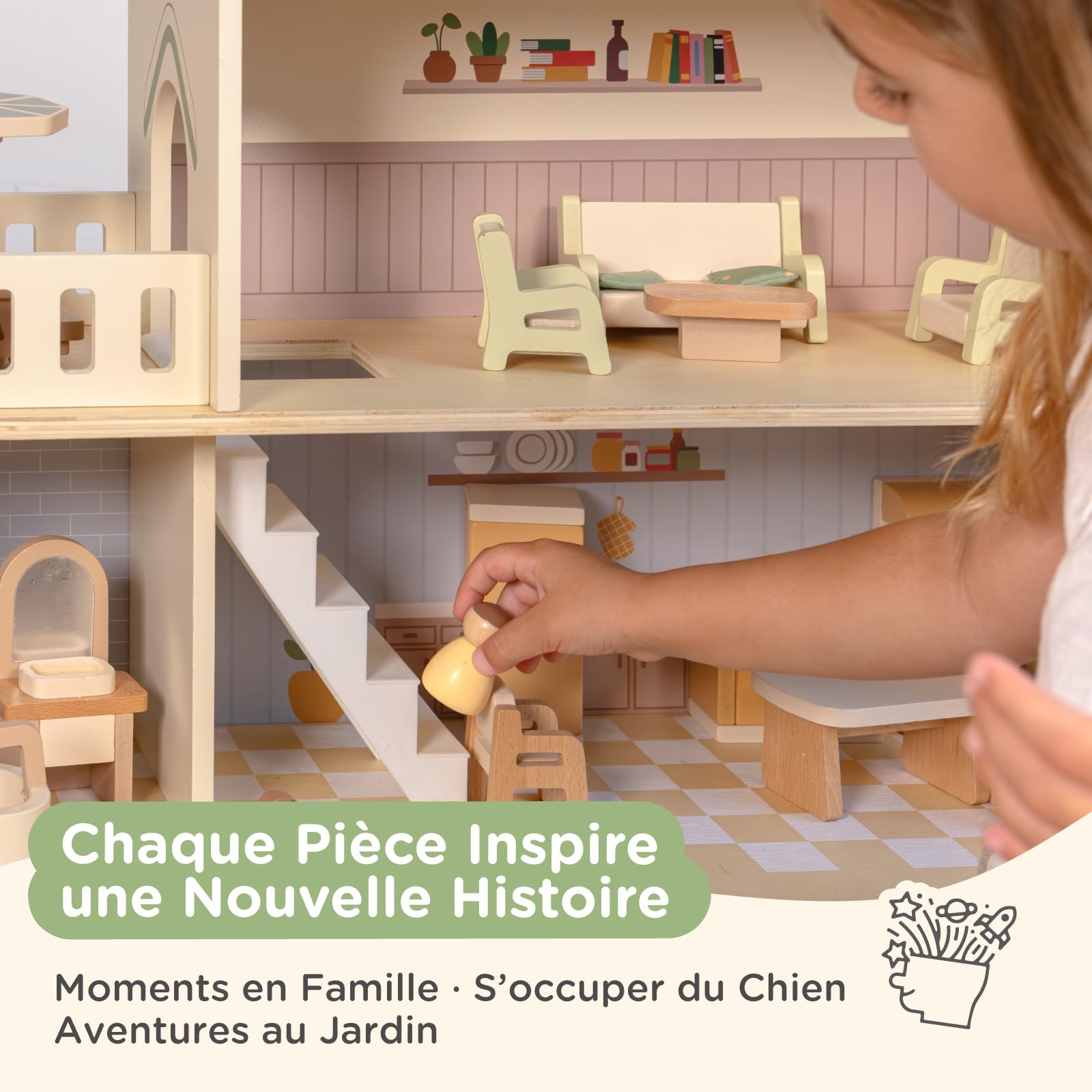 Nene Toys Maison de Poupée en Bois avec Meubles, 3 Étages, Dès 3 Ans