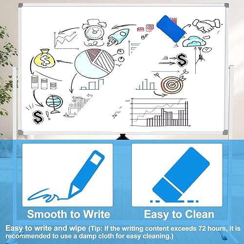 Miniatura 8 de CALENBO Pizarra blanca móvil grande sobre ruedas de 72 x 40, pizarra blanca rodante de doble cara, caballete magnético de borrado en seco con