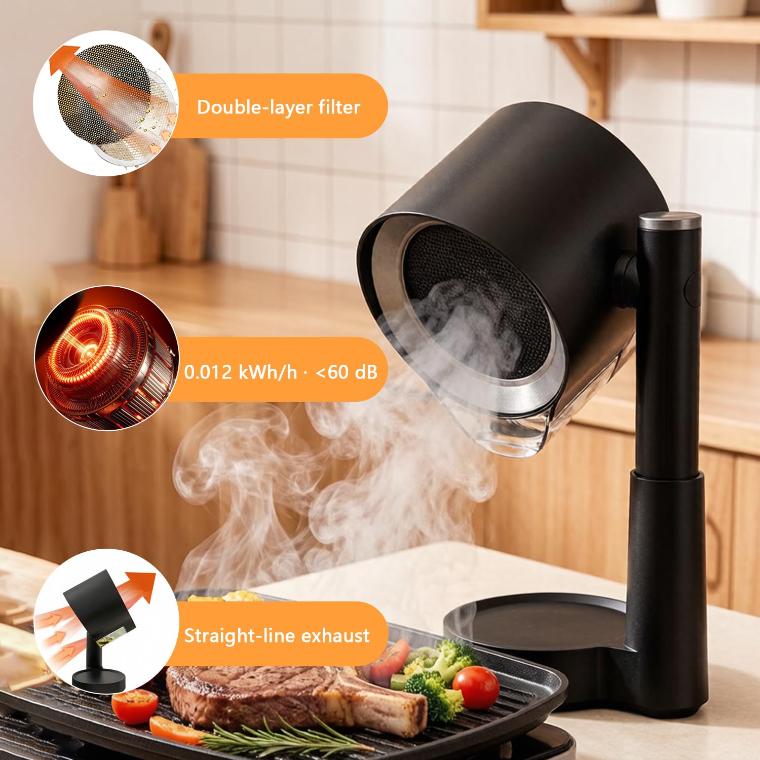 Hotte de table, hotte aspirante portable avec boîte de collecte d'huile et filtre amovible, hauteur et angle et 3 vitesses réglables, vitesse maximale de 3600 tr/min pour camping, barbecue, hot pot