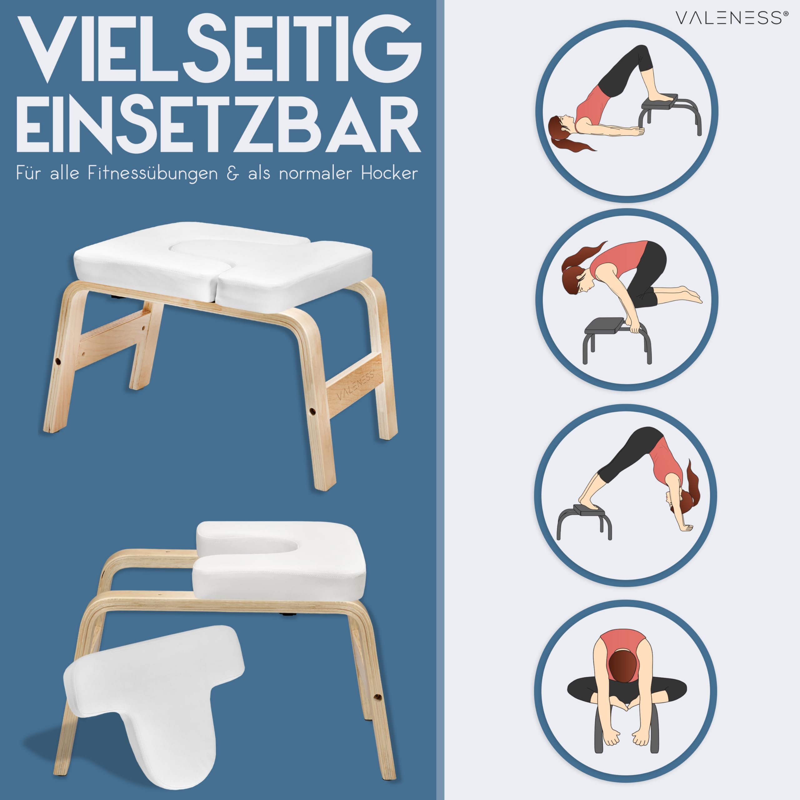 VALENESS® Yoga Kopfstandhocker - Hochwertiger Yoga Hocker inkl. Yogagurt, Yogablock & Übungsposter - Yoga Stuhl zur Handstand-Übung aus massivem Naturholz - Yoga Ausrüstung für Zuhause… (weiß)