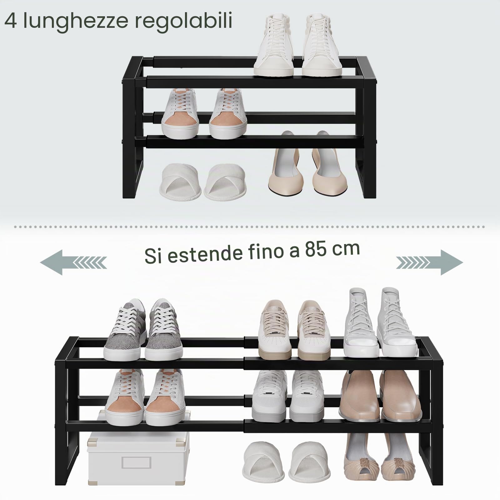 WOLTU Portascarpe Estensibile a 2 Livelli, Scaffale in Metallo, Scarpiera Salvaspazio Slim, Organizzatore di Stoccaggio per Scarpe, Mobiletto Ingresso, Corridoio, Camera da letto, Nero