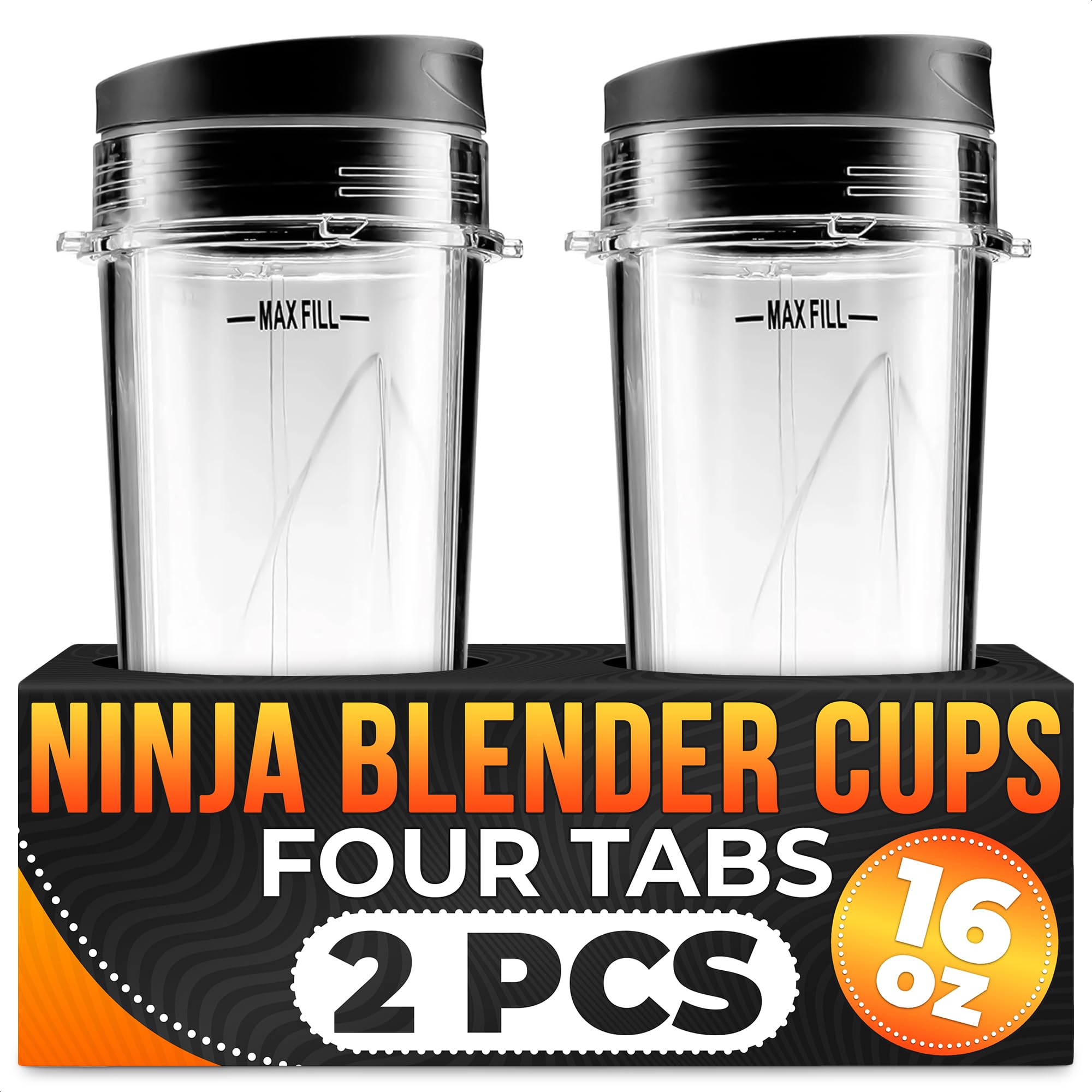 2Pcs Single Serve Blender Cup with Lid - 16 Oz Cup Blender for Smoothies Ninja Blender Cups Replacement - 4 Tabs Single Serving Blender Bottle Lid For Bl770 Bl780 Bl660 Bl740 Nutri Ninja Blenders