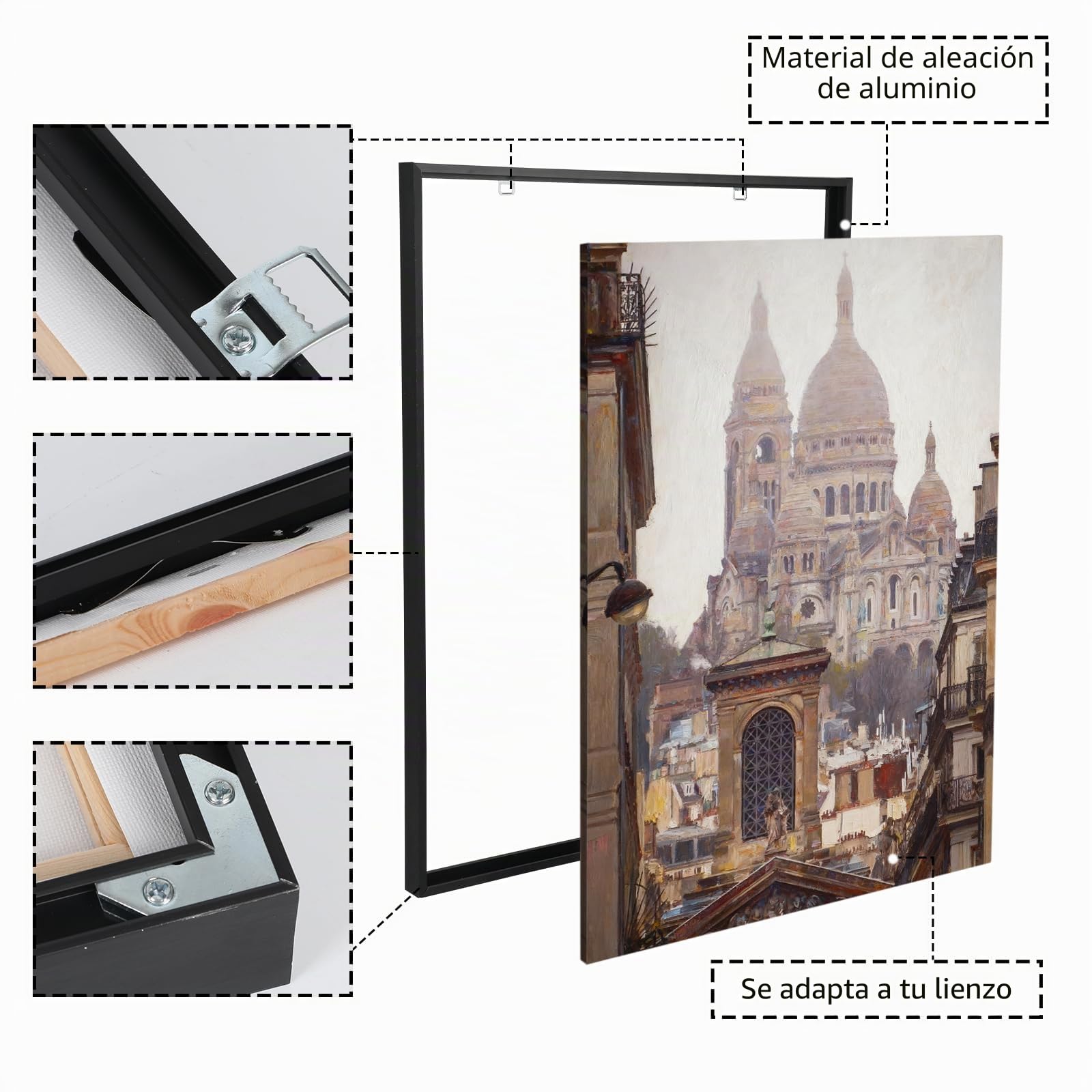 Marco de lona, marco de aluminio, barras de bastidor de lona, sin necesidad de taladrar, marcos de fotos negros modernos para colgar en la pared, marcos flotantes para obras de arte pinturas al óleo