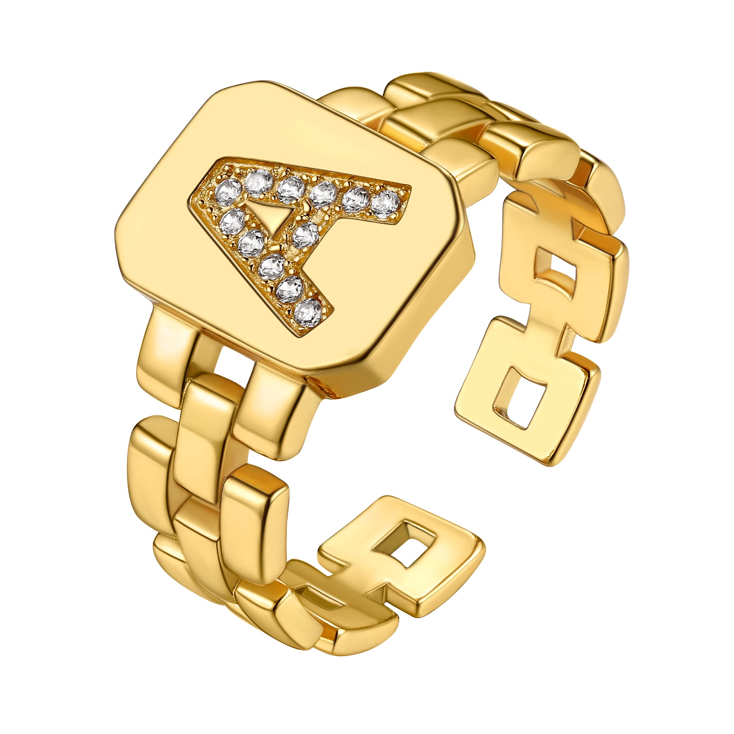 GOLDCHIC JEWELRY Sellos Anillos de Letras A-Z Iniciales de Nombre Anillo Abierto con Talla Ajustable, Chapado en Oro con Diamantes Simulados (con caja de regalo)