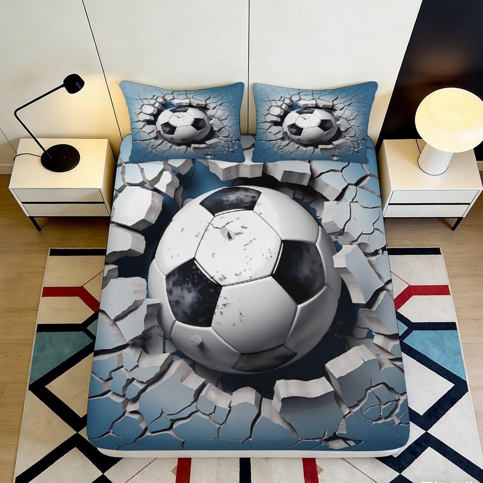 3D Printed Soccer Ball Fitted Sheet Microfiber Soft Durable 3D Printed Football Mattress Cover for Bedroom Dormitory Guest Room Protection Decoration 120x200x25cm