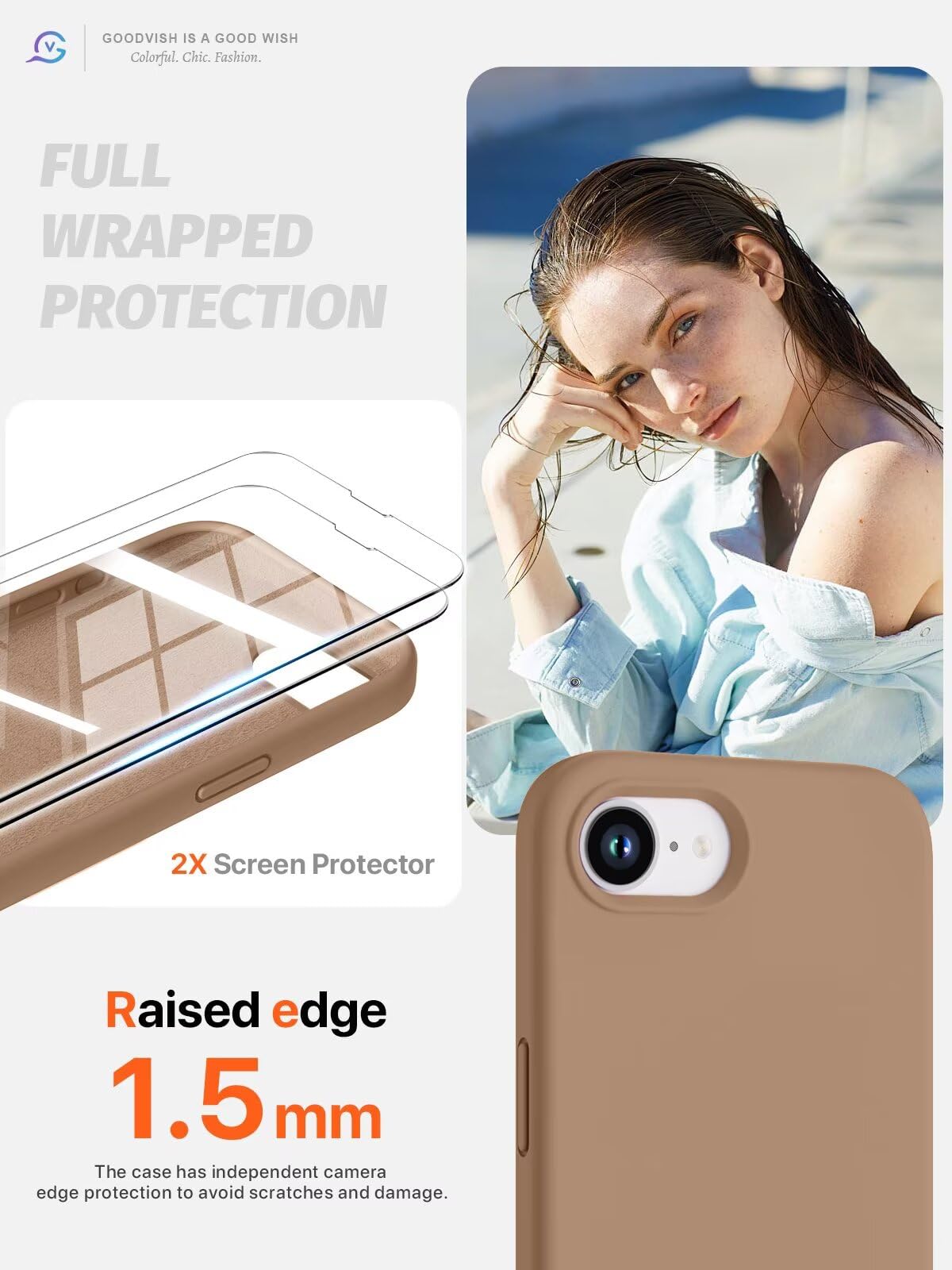 GOODVISH 3 in 1 Silicone Cover per iPhone 16e 6.1", Custodia con 2 Pellicola Vetro Temperato [Protezione Fotocamera] Protezione Anticaduta Case per Cellulare Antiurto Resistente, Marrone