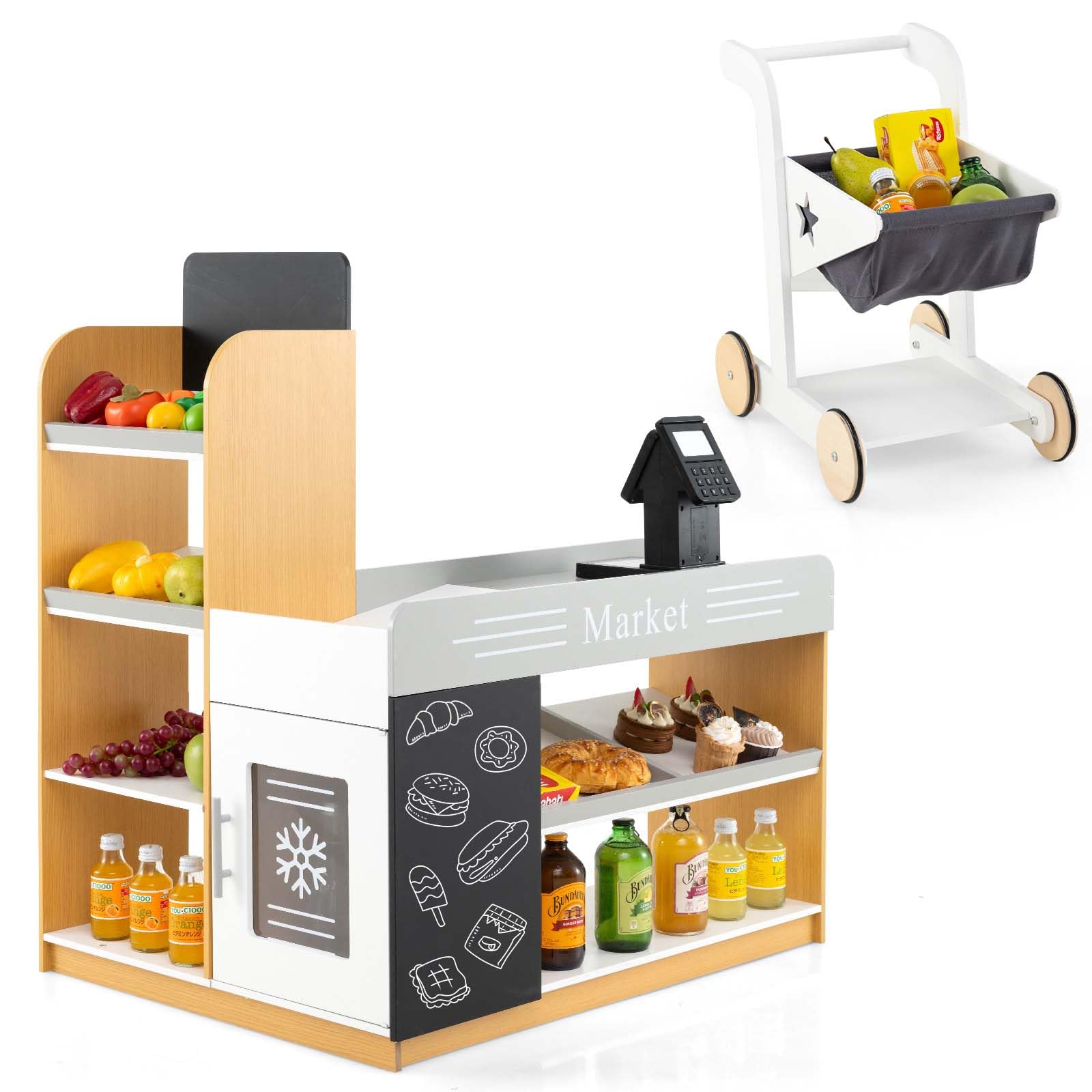 COSTWAY Set da Gioco da Supermercato, Banco di Mercato per Bambini in Legno con Carrello della Spesa, 2 Lavagne e Registratore di Cassa, Scaffali Espositivi, per Bambini 3+ Anni