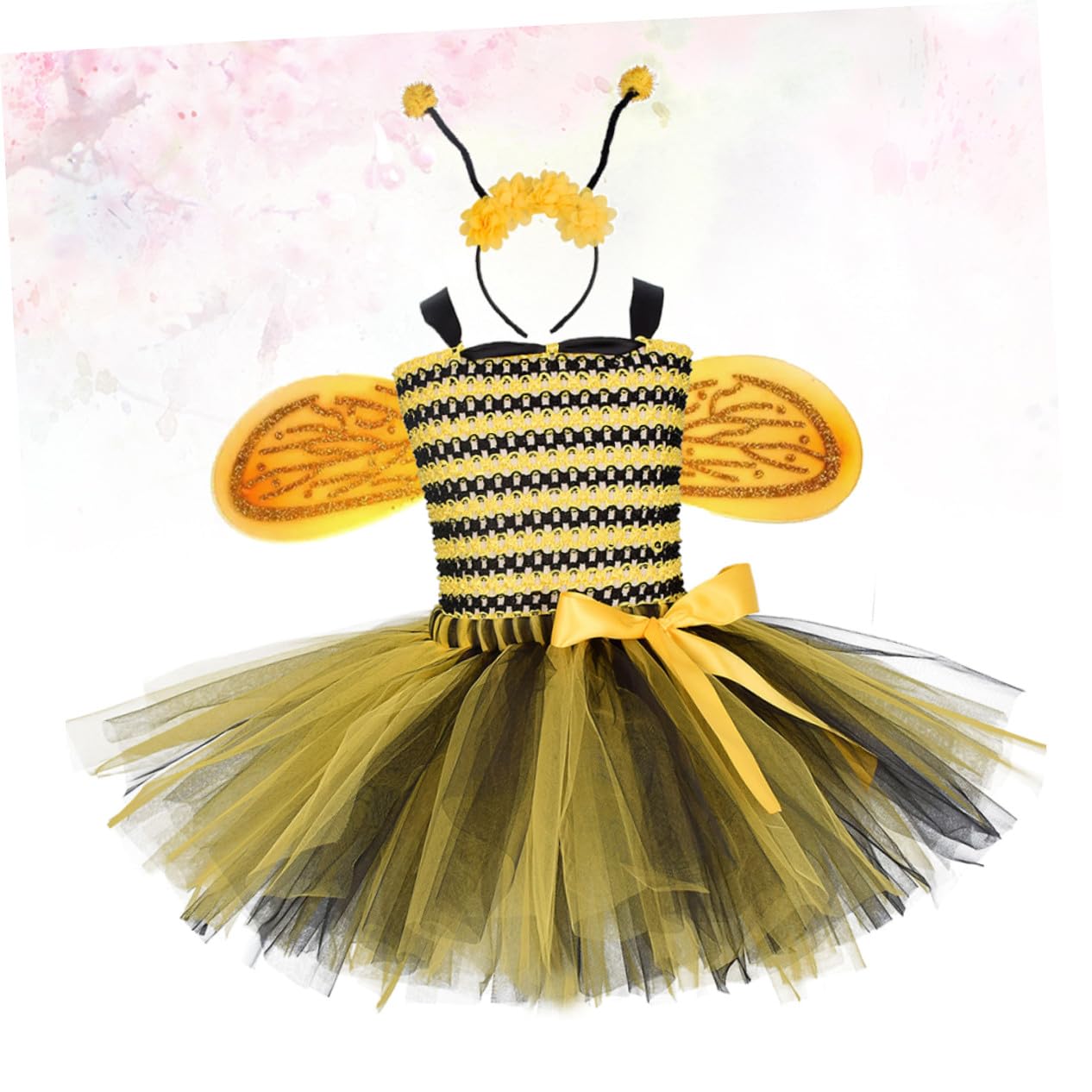 KOMBIUDA Bienenkostüm Mädchen Kleid mit Federflügeln und Haarschmuck Luftiger Tüll Rock Jahre Bezauberndes Party und Bühnenoutfit für Verkleidung und Tanz
