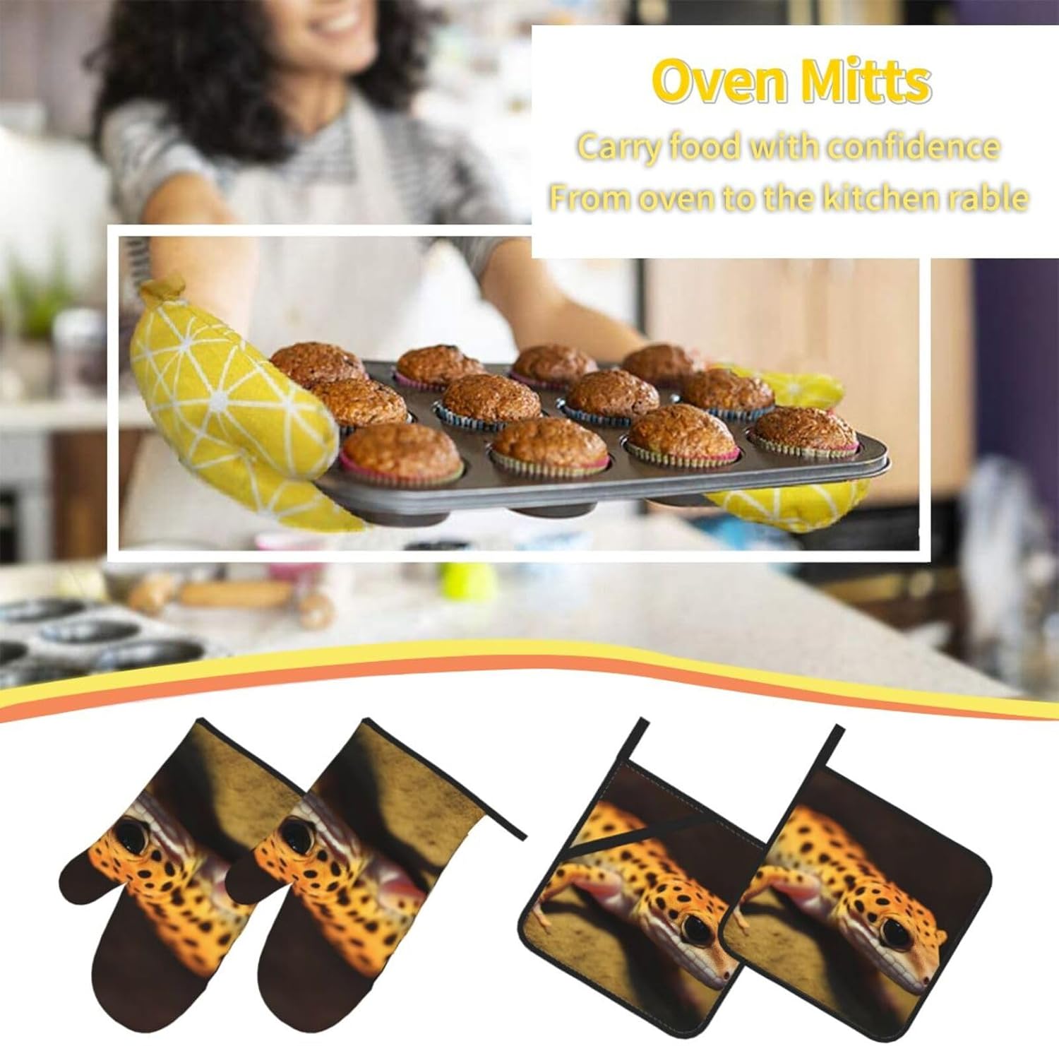 Oven Mitts and Pot Holders 4 pcs Set Oven Glove for Cooking Leopard Little Gecko Oven Mitt Heat Resistant Kitchen Oven Gloves and Hot Pads Non-Slip Cooking Gloves for Baking Kitchen Hot Pads
