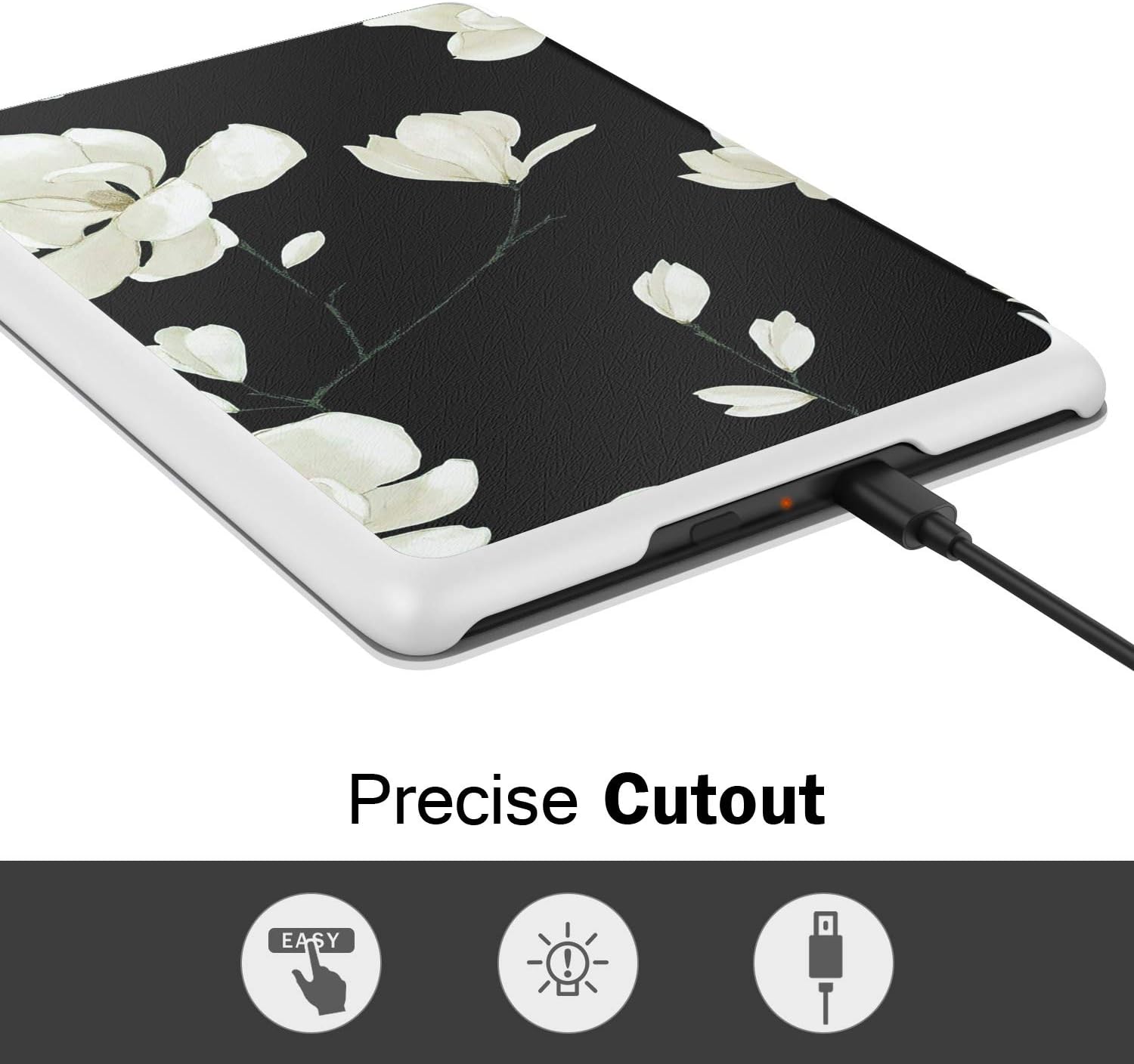 MoKo Case Fits 6" Kindle Paperwhite (10th Generation, 2018 Releases), Thinnest Lightest Smart Shell Cover with Auto Wake/Sleep for Amazon Kindle Paperwhite 2018 E-Reader - Black & White Magnolia