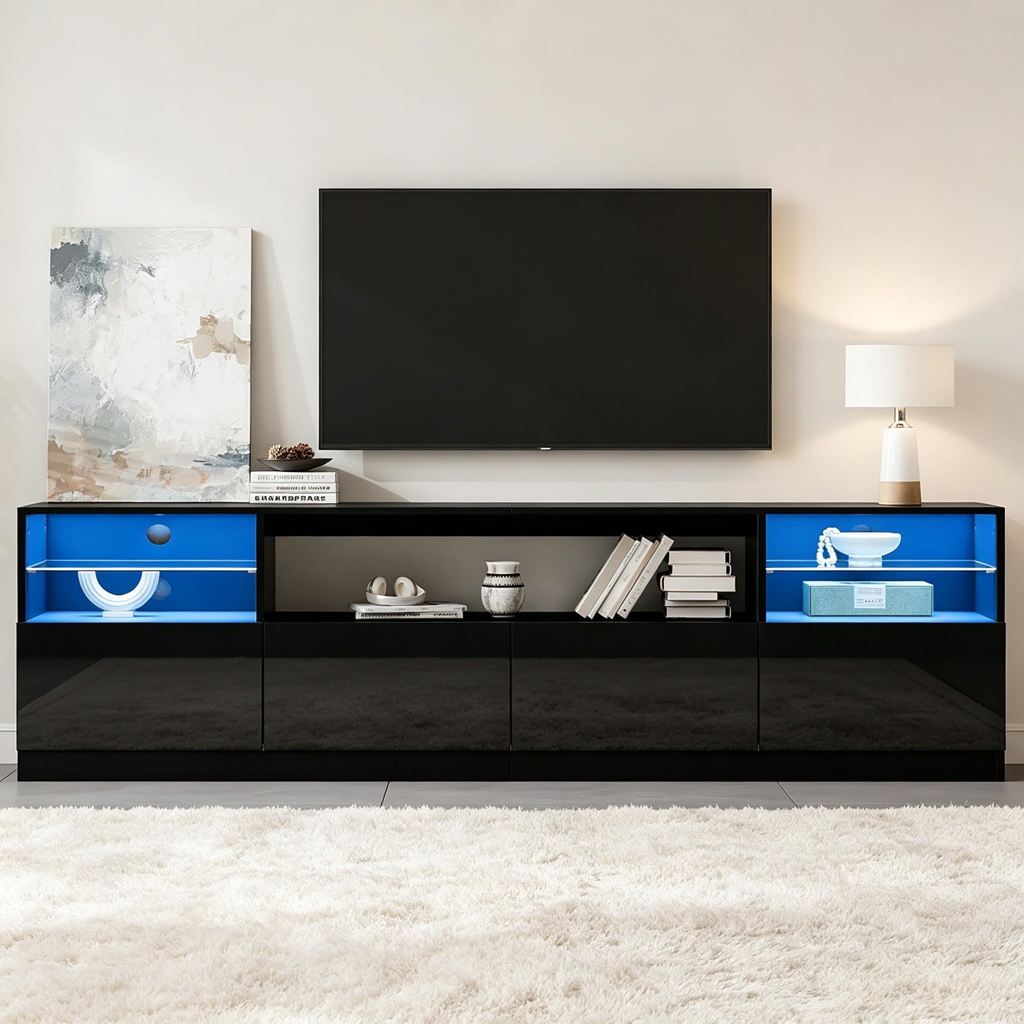 Armoire de Télévision,Meuble TV avec Ambiance Lumineuse,Support Télé,4 Portes,5 Etagères Ouvertes,2 Verre Réglable,Longueur 180cm,Meuble Télé de Salon,pour Télévision jusqu'à 75 Pouces