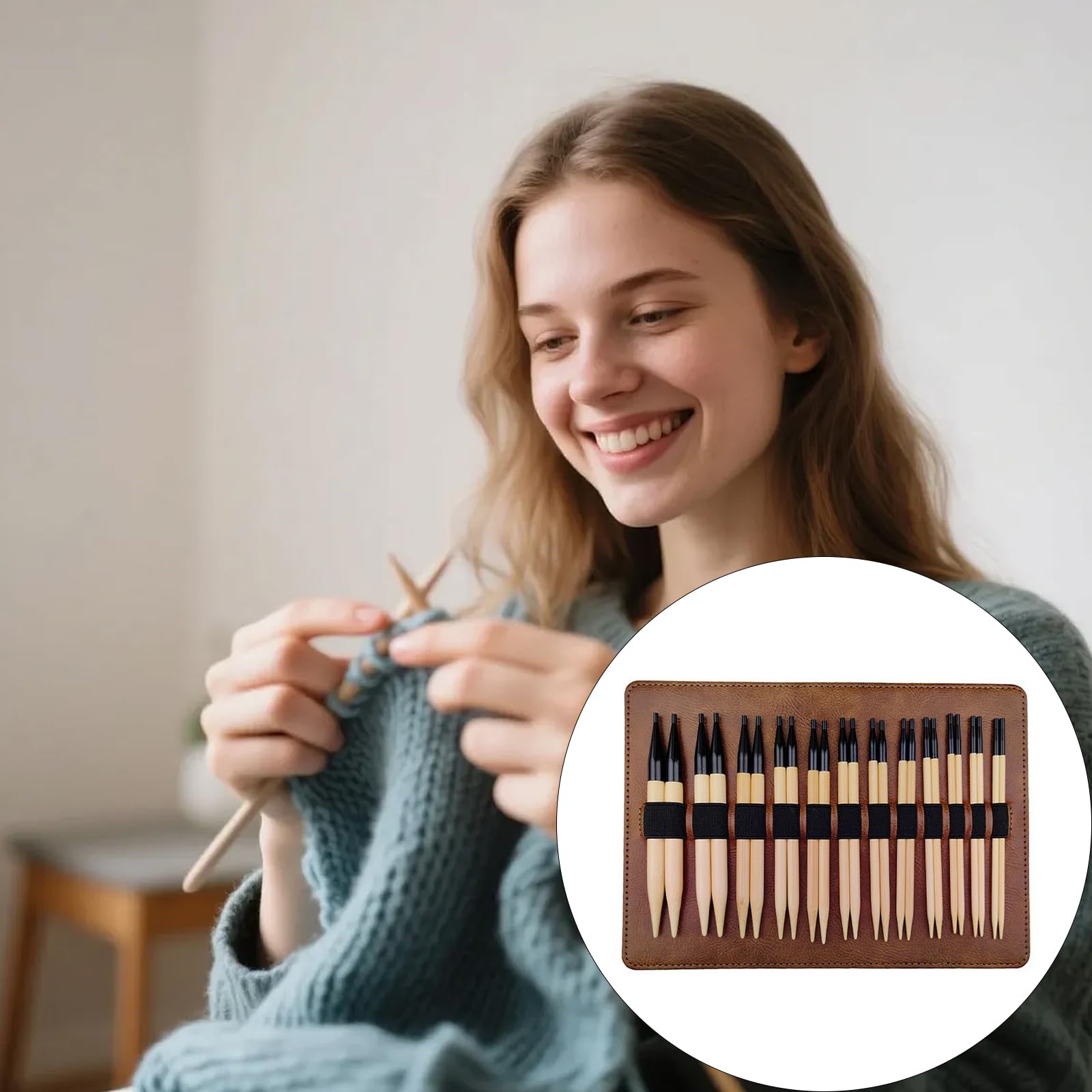 12 Pares de Agujas de Tejer de Madera, Juego de Agujas de Tejer Circulares Intercambiables de 3, 5-10mm con Bolsa de Almacenamiento para suéteres, Bufandas, tamaño