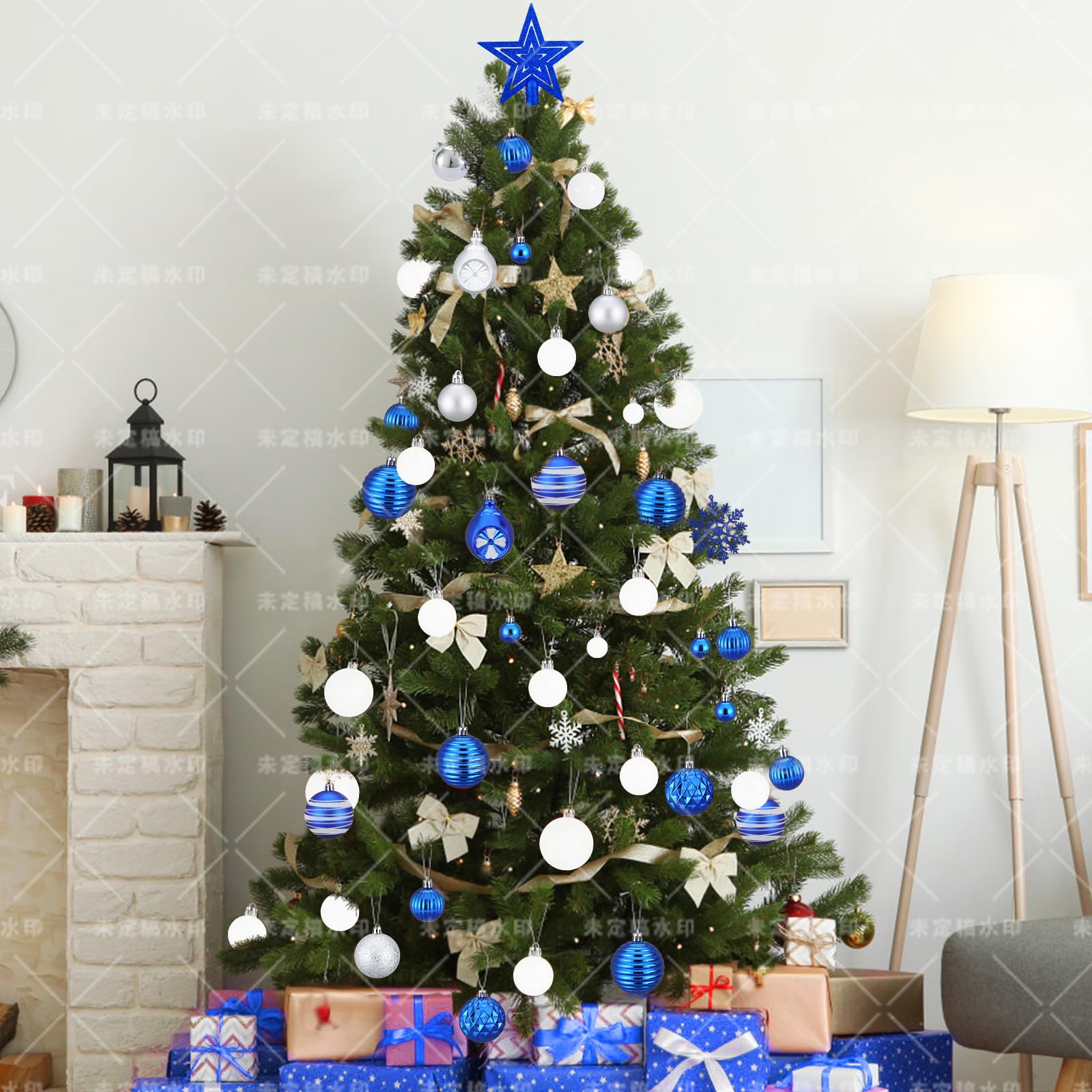 Juego de 100 bolas para árbol de Navidad con decoración, azul, plateado y blanco, inastillables, para colgar en el árbol de Navidad