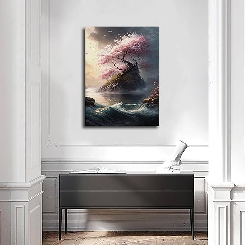 Miniatura 4 de Póster de pintura de flor de cerezo en lienzo, cuadro de arte de pared, dormitorio, sala de estar (marco, 20 x 27 pulgadas)