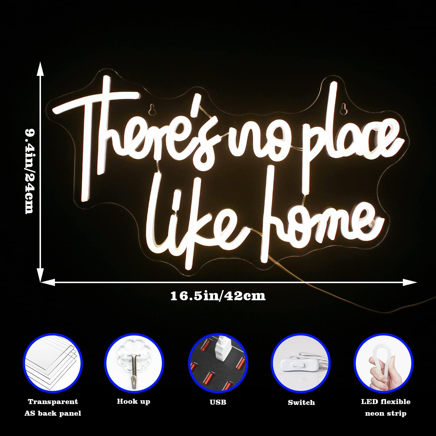 Lucunstar There‘s No Place Like Home Neon Sign,Neon Sign For Room,Warm White Led Neon Light for Wall Decor,Light Up Sign for Wedding,Home Party,USB Connectivity Bedroom Decor,Home Decor