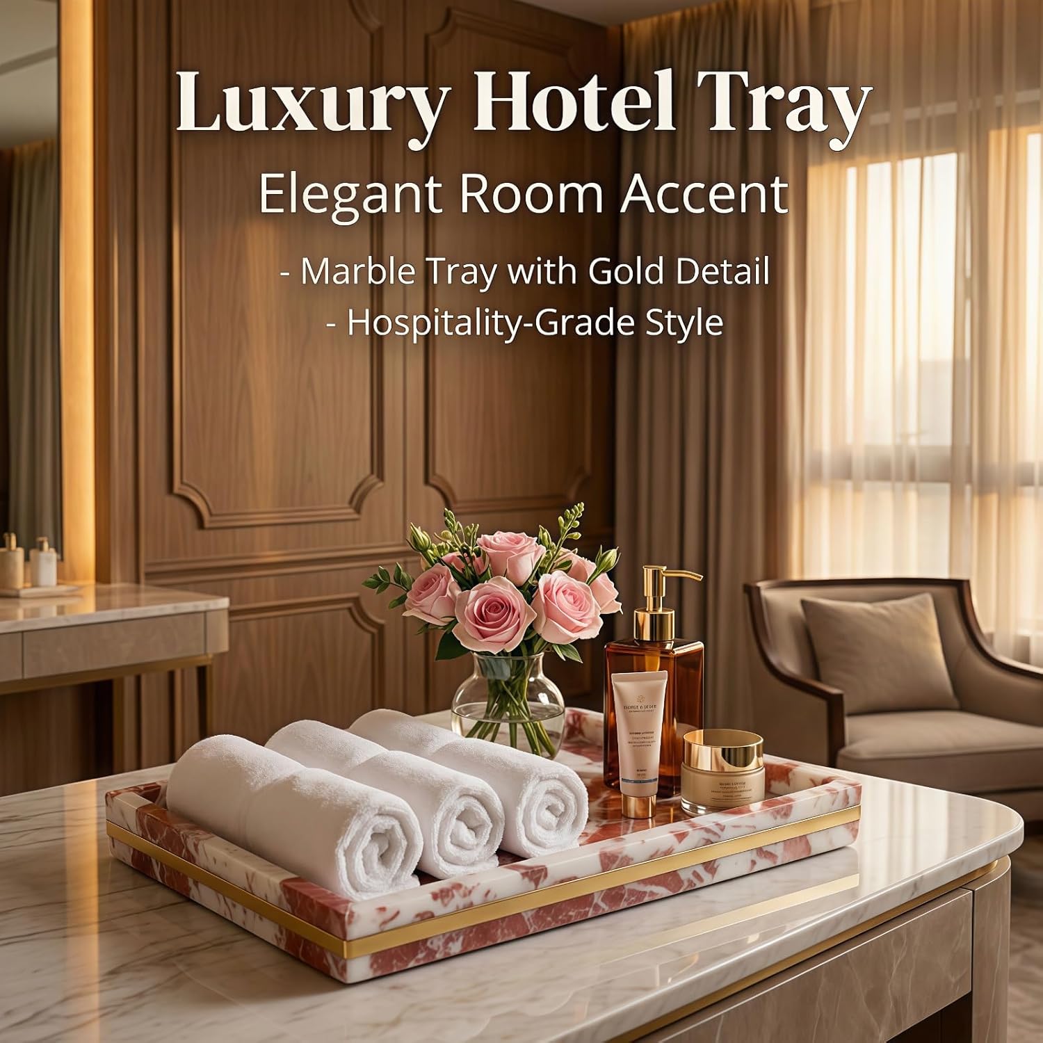 Red Marble Tray, 12" Luxury Marble Vanity Tray for Bathroom Countertop Dresser Kitchen, Natural Stone Tray for Home Decor, Decorative Marble Serving Tray with Brass Trim