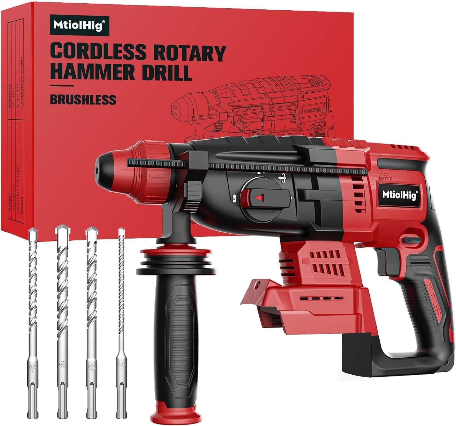 Cordless Rotary Hammer Drill Compatible with Milwaukee 18V Battery, Brushless SDS-Plus Hammer Drill with Safety Clutch for Concrete/Masonry, 1500 RPM, 4 Modes with 360°Auxiliary Handle