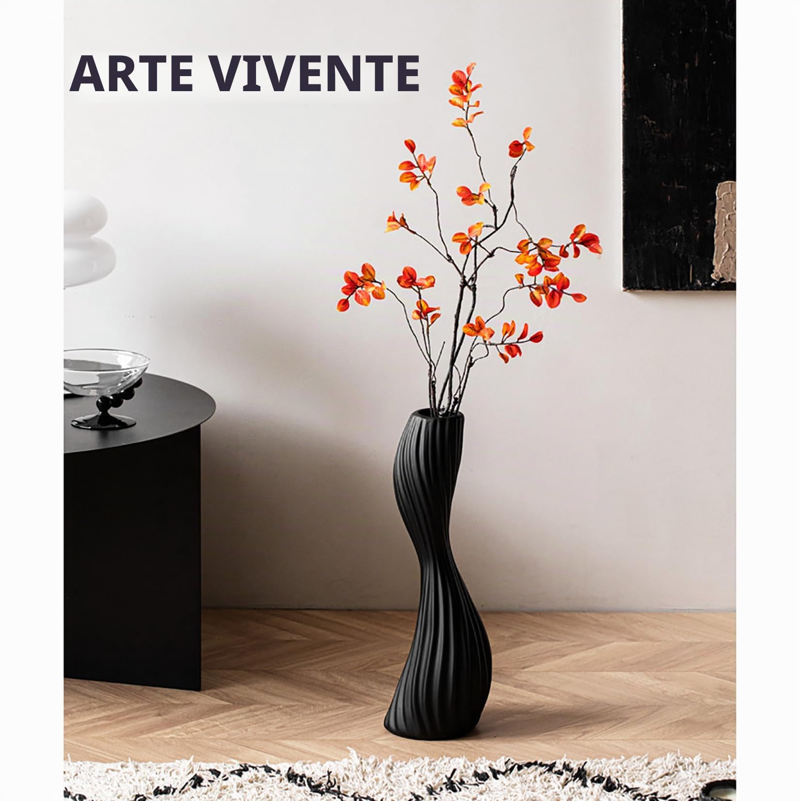 Vaso in Ceramica Alto per Pavimento 40cm Moderno Fiore Vaso Decorazione per il soggiorno tavolo fuoco camino ingresso,Nero