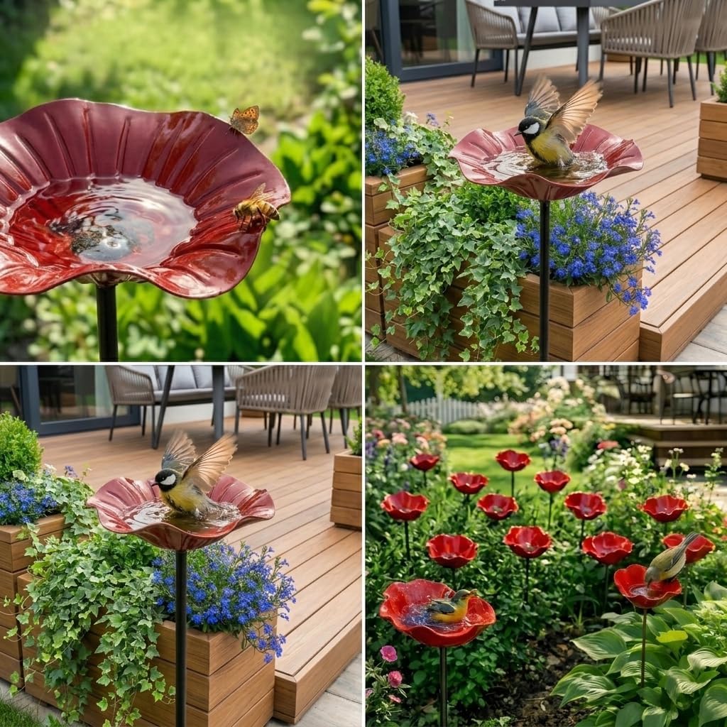 Handmade Metal Flower Garden Stake, Mini Bird Bath Resin Hummingbird Bath Cup - Bee Bath for Garden Metal Bee Water Feeder Weather-Resistant Garden Decor Gift (3, red)
