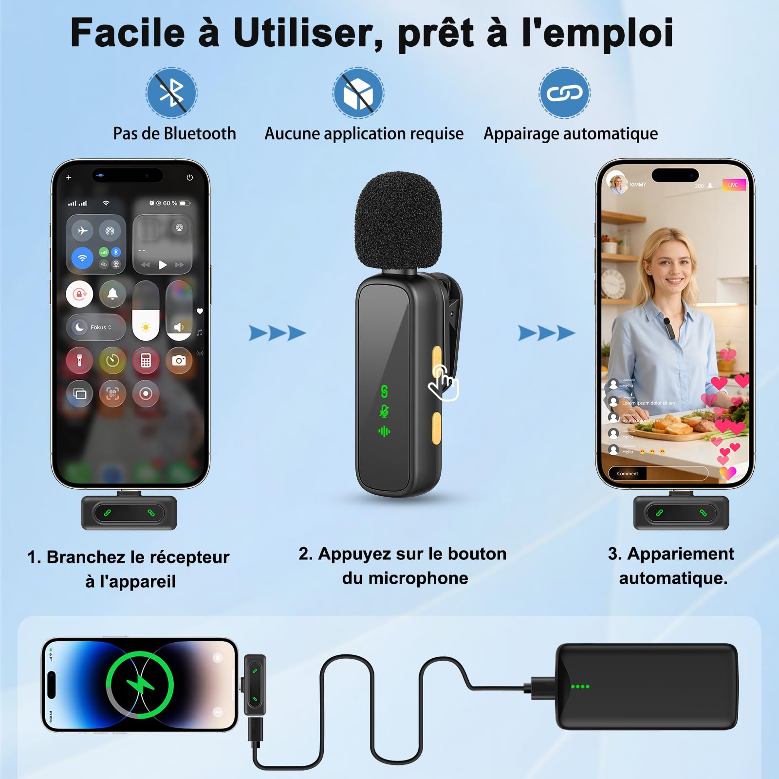 Micro cravatta senza fili con display della batteria, mini lavalier microfono wireless USB microfoni per iPhone/telefono/iPad/PC, accoppiamento automatico, per podcast/vlogging/tiktok/youtube (nero)