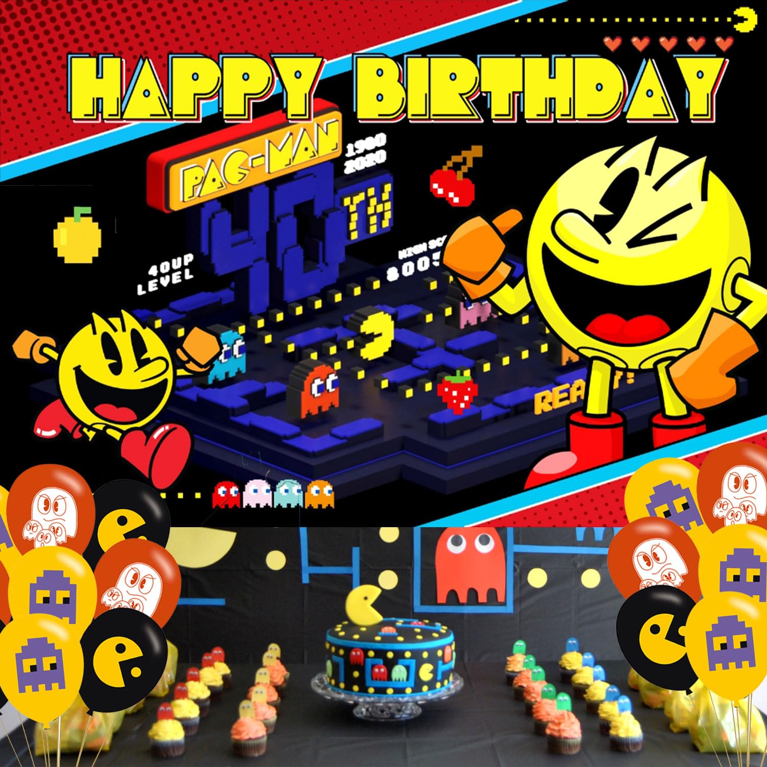 Pacman Happy Birthday Banner,Pacman Birthday Decorations, Party Supplies  Photography Decorations 5x3FT and Ballons : Amazon.sg: Toys