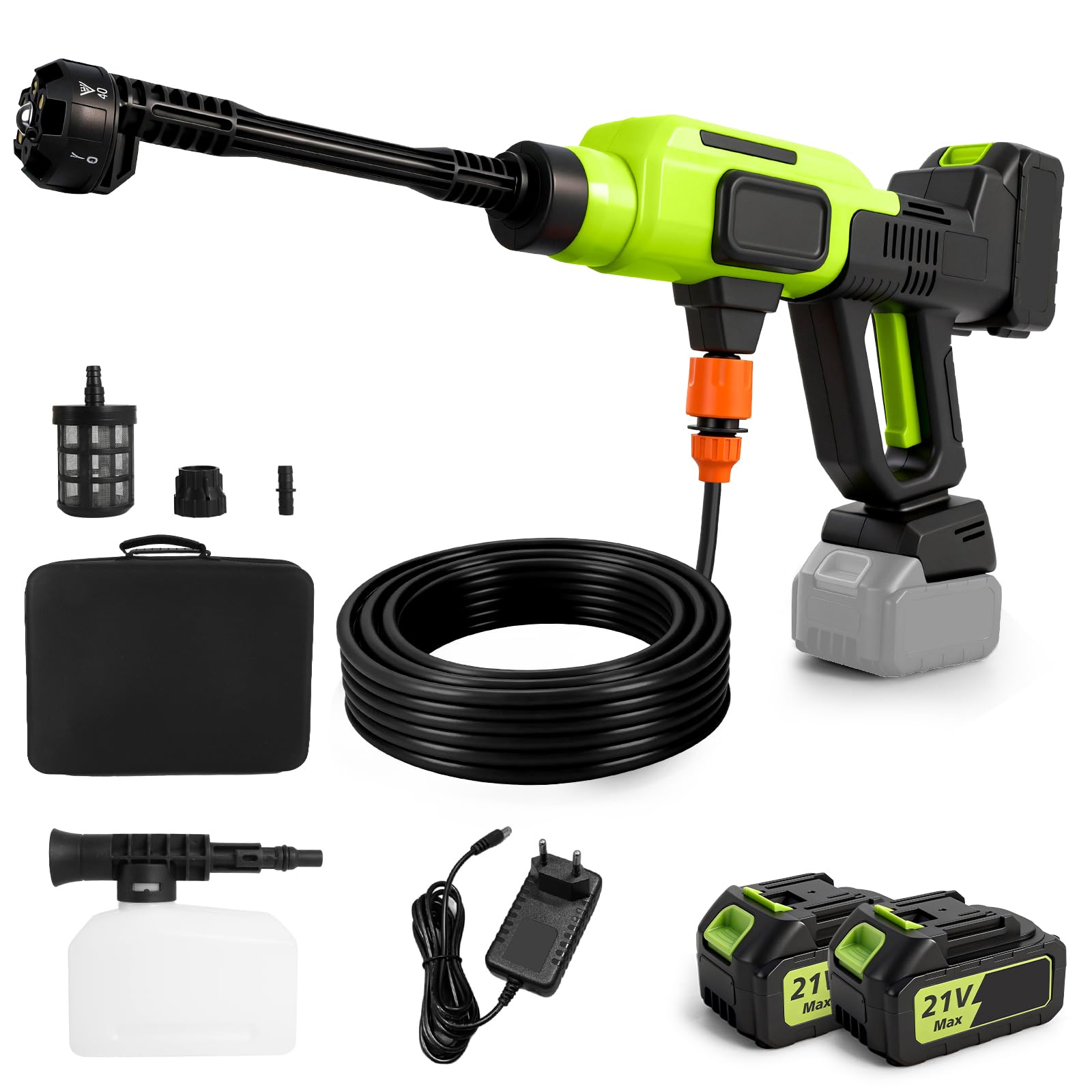 Hidrolimpiadora Bateria de 120 Bares, Limpiador a presión con 2 x 2,0 Ah baterías, Pistola de Limpieza de Alta presión portátil, Boquilla Multiusos 6 en 1 para Jardín, Coche