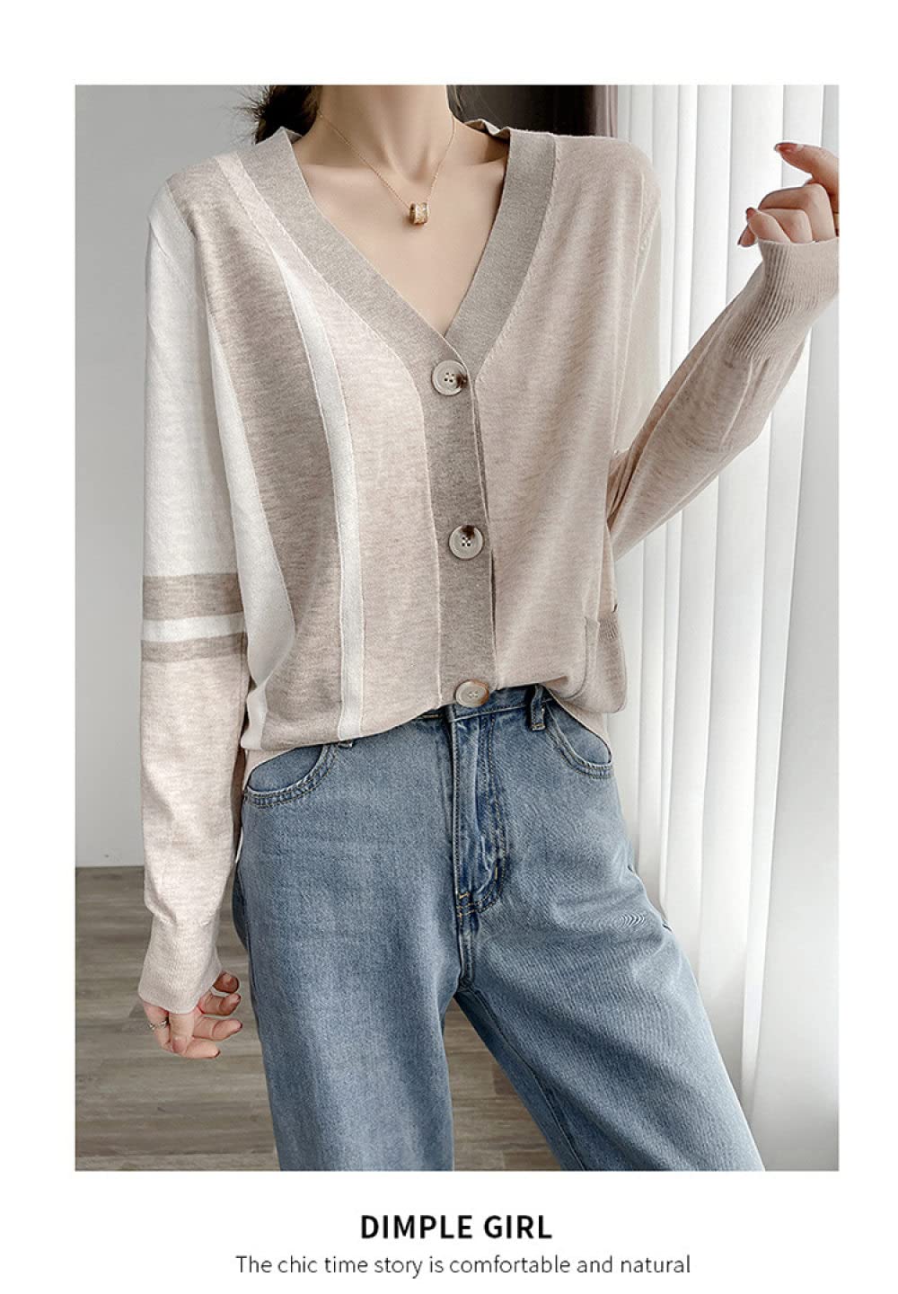 EIBA Chaqueta De Punto Mujer,Cárdigans De Punto para Mujer Moda Marrón Claro Color De Contraste Botón con Cuello En V Manga Larga Suéteres Delanteros Abiertos Cárdigan Otoño Elegante Chaqueta De AB