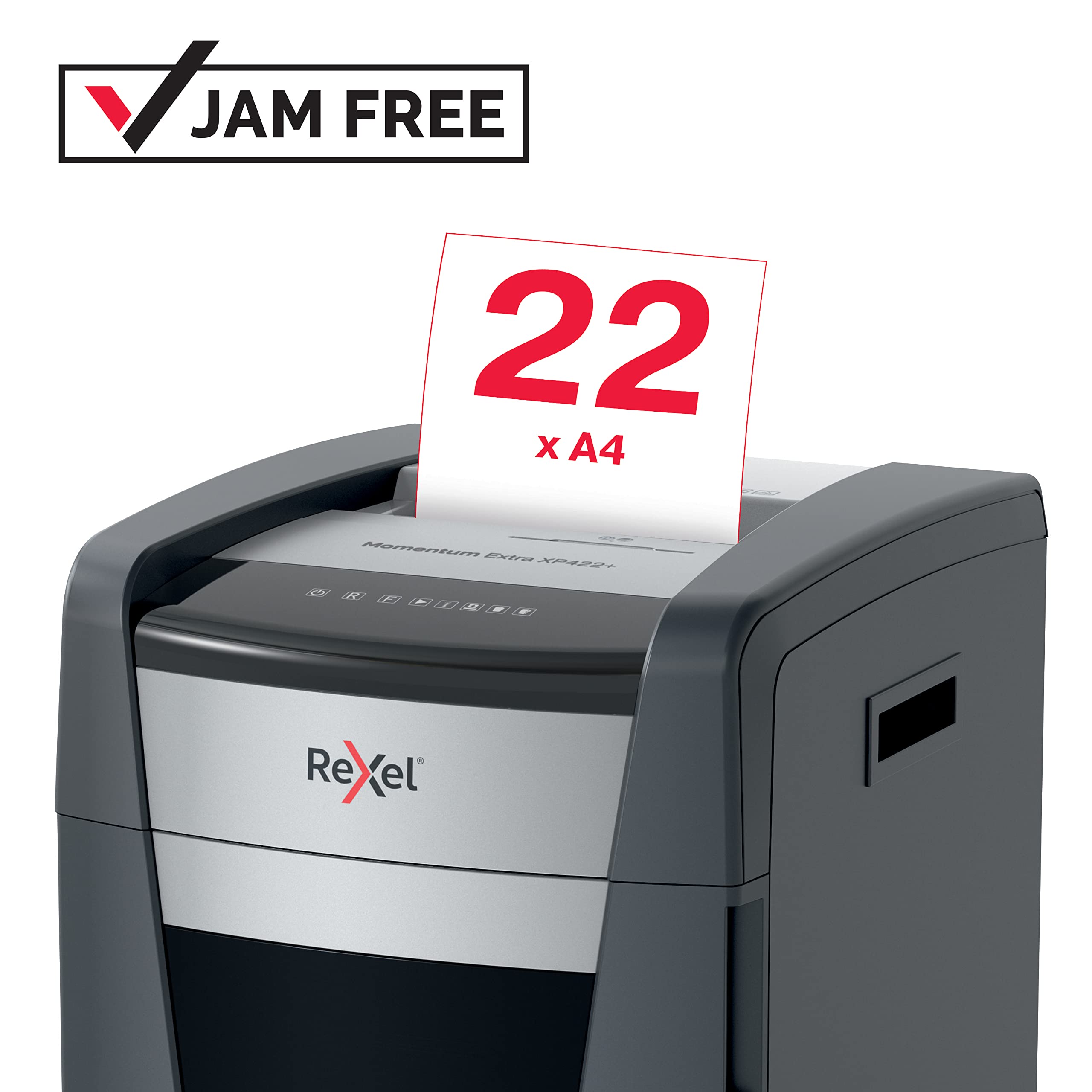 Rexel, Niszczarka do Papieru Rexel Momentum Extra XP422+, do Biura, Tnie na Konfetti do 22 kartek (80 gsm), Poziom Bezpieczeństwa P-4, Pojemnik na Ścinki: 85L, Technologia Zapobiegania Zacięciom