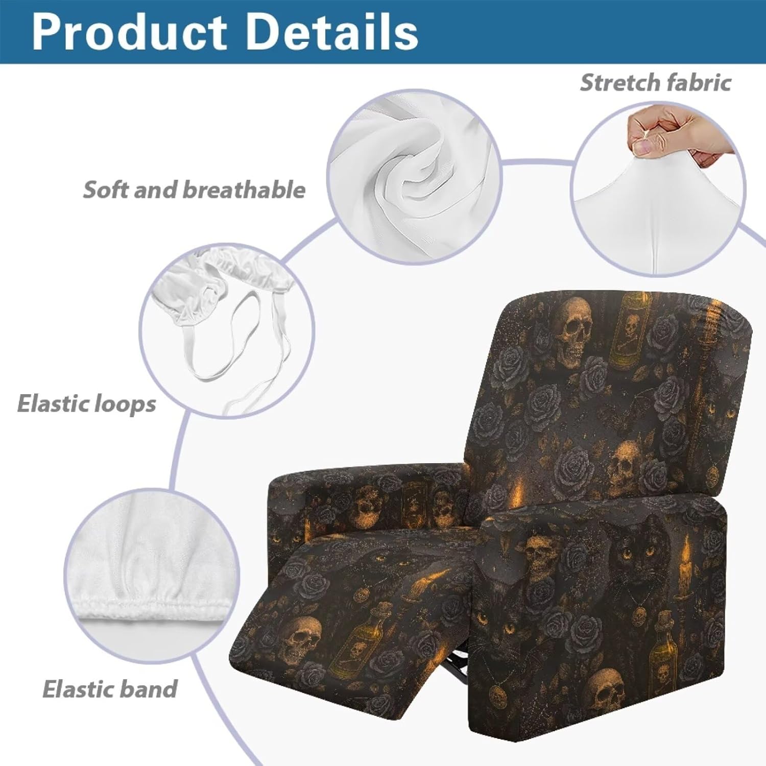 Halloween Skull Cat Black Rose Recliner Sofa Cover Furniture Protectors for Sofa Armchair Slipcovers Single Reclining Chair Lounger Seat Cushion Covers with Pocket 4 Pieces
