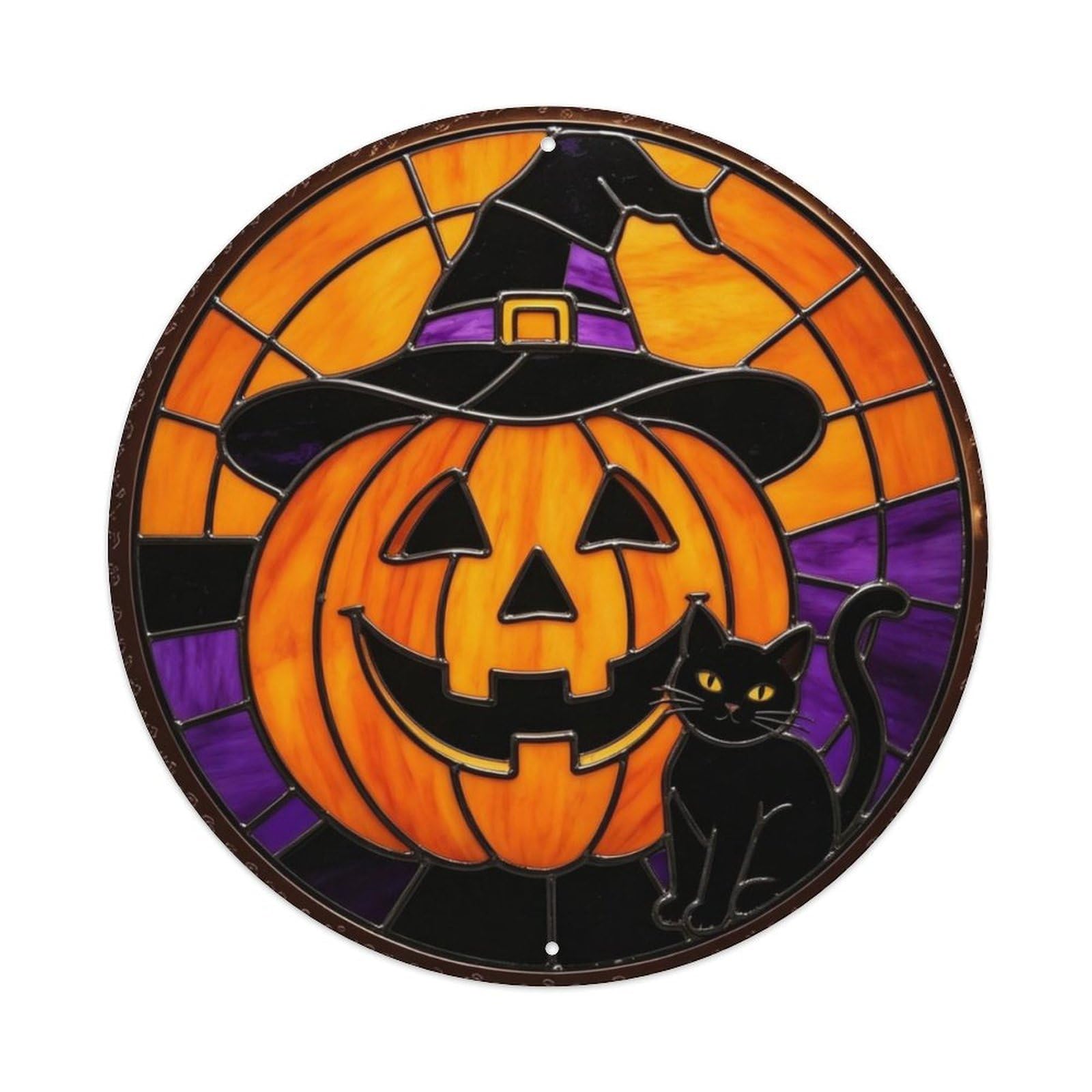 Stained Glass Halloween Pumpkin Witch Metal Tin Sign Plaque