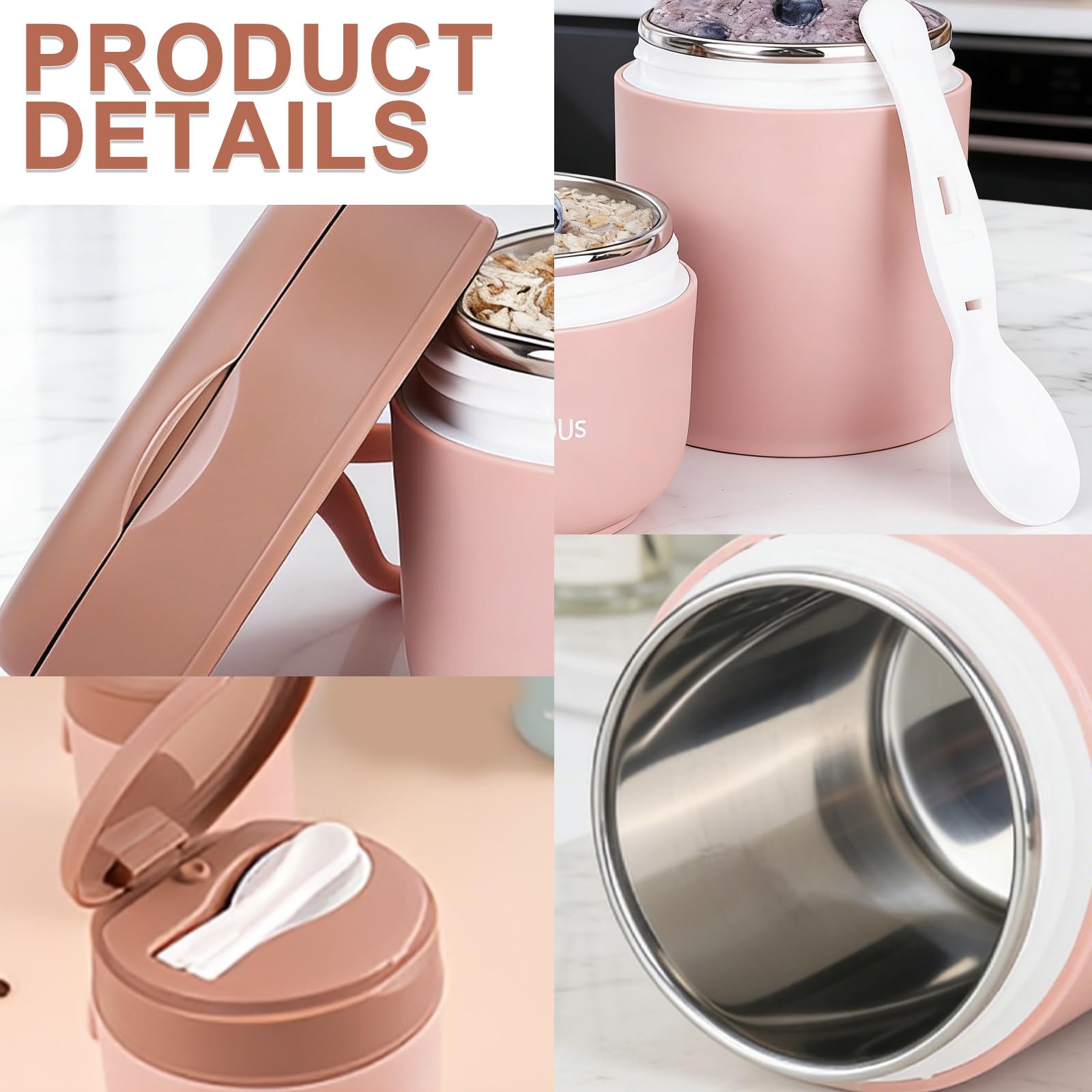 Contenitore termico a doppio strato per alimenti: 2 unità, isolamento sottovuoto, contenitore termico per pranzo da asporto (rosa e verde, 430 ml, 430 + 300 ml)