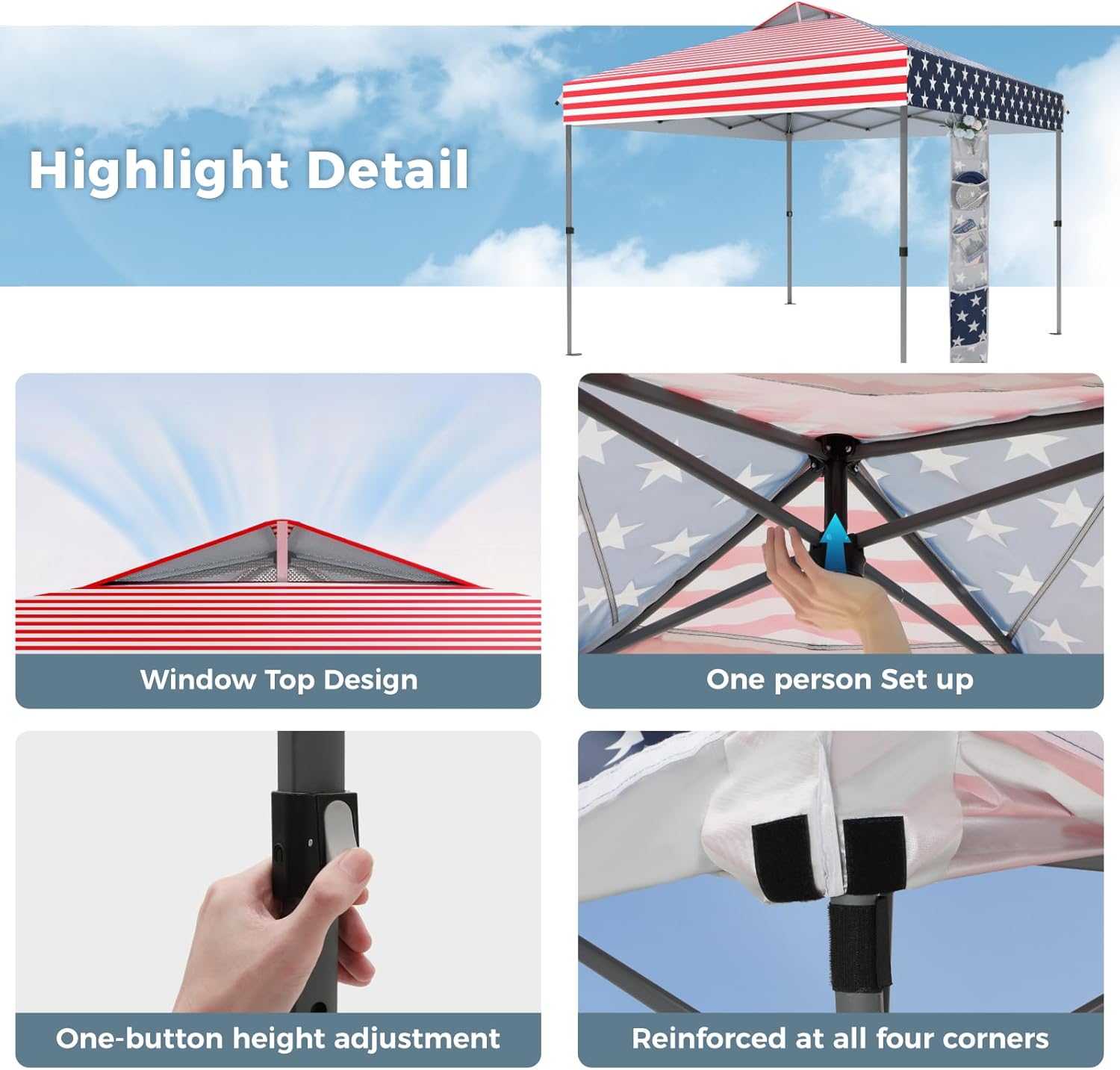 GREEN PARTY 10x10 ft Pop Up Canopy Tent, 1-Person Setup Instant Outdoor Canopy with Vented Top, Wheeled Carry Bag, 4 Ropes & 4 Sandbag -American Flag