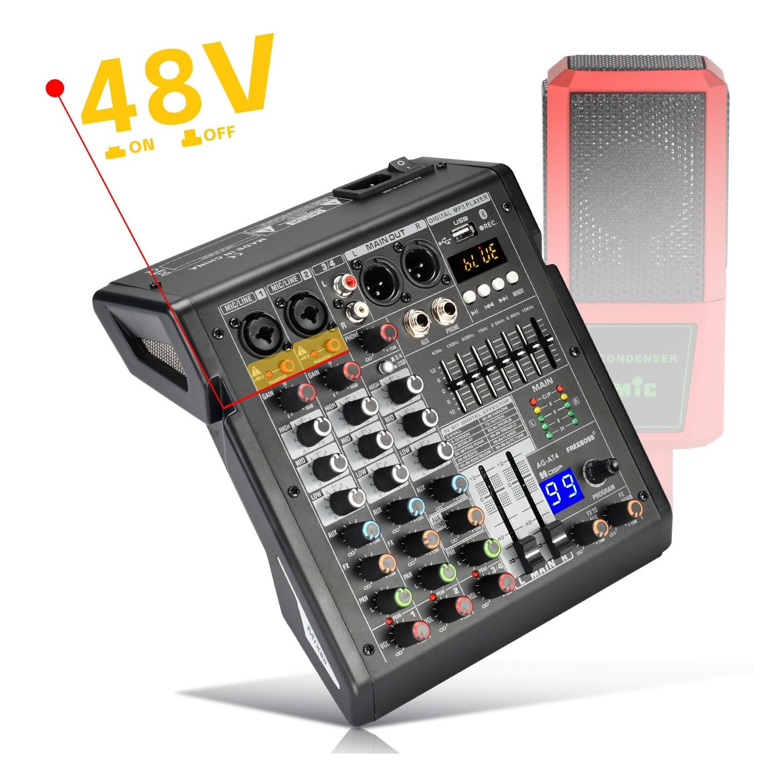 Mikser DJ-ski, 4-kanałowa konsola miksująca 99 efektów DSP Odtwarzanie USB Nagrywanie na komputerze Bluetooth Mikser dźwięku Impreza domowa 48V Mix Table AG-AT4
