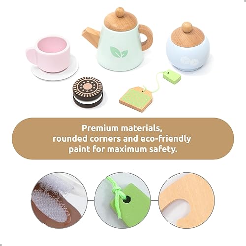 Miniatura 2 de UMU Juego de té de madera para niños  Juguete de fiesta de té con tazas coloridas, bolsas de té, rodajas de limón y más  Juguete Montessori para