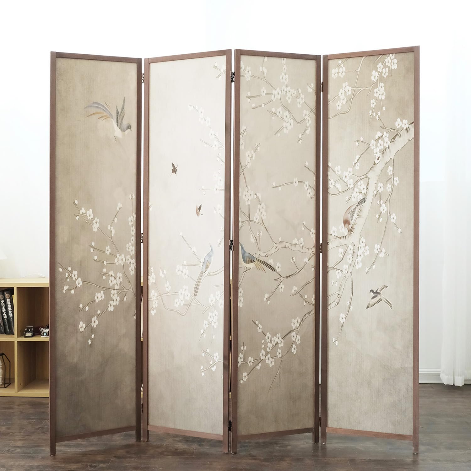 Furnnylane 4 Panel Room Divider, 5.6 ft Tall Double-Sided Blackout Folding Privacy Screen - Freestanding Wall Partition with Plums and Birds Scenery for Home Office, Easy Setup (67" H x 63" W)