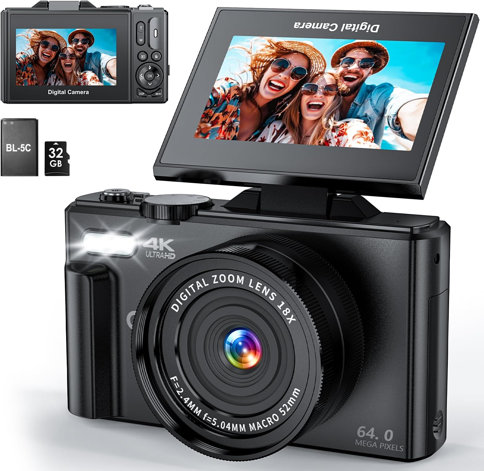 4K Digital Camera for Photography, WiFi 64MP UHD Vlogging Camera with 18X Digital Zoom, Super Wide-Angle Lens, 3" 180ยฐ Flip Screen, 32GB SD Card, Dual Batteries, Silver