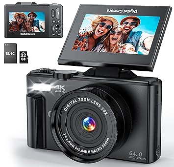 4K Digital Camera for Photography, WiFi 64MP UHD Vlogging Camera with 18X Digital Zoom, Super Wide-Angle Lens, 3