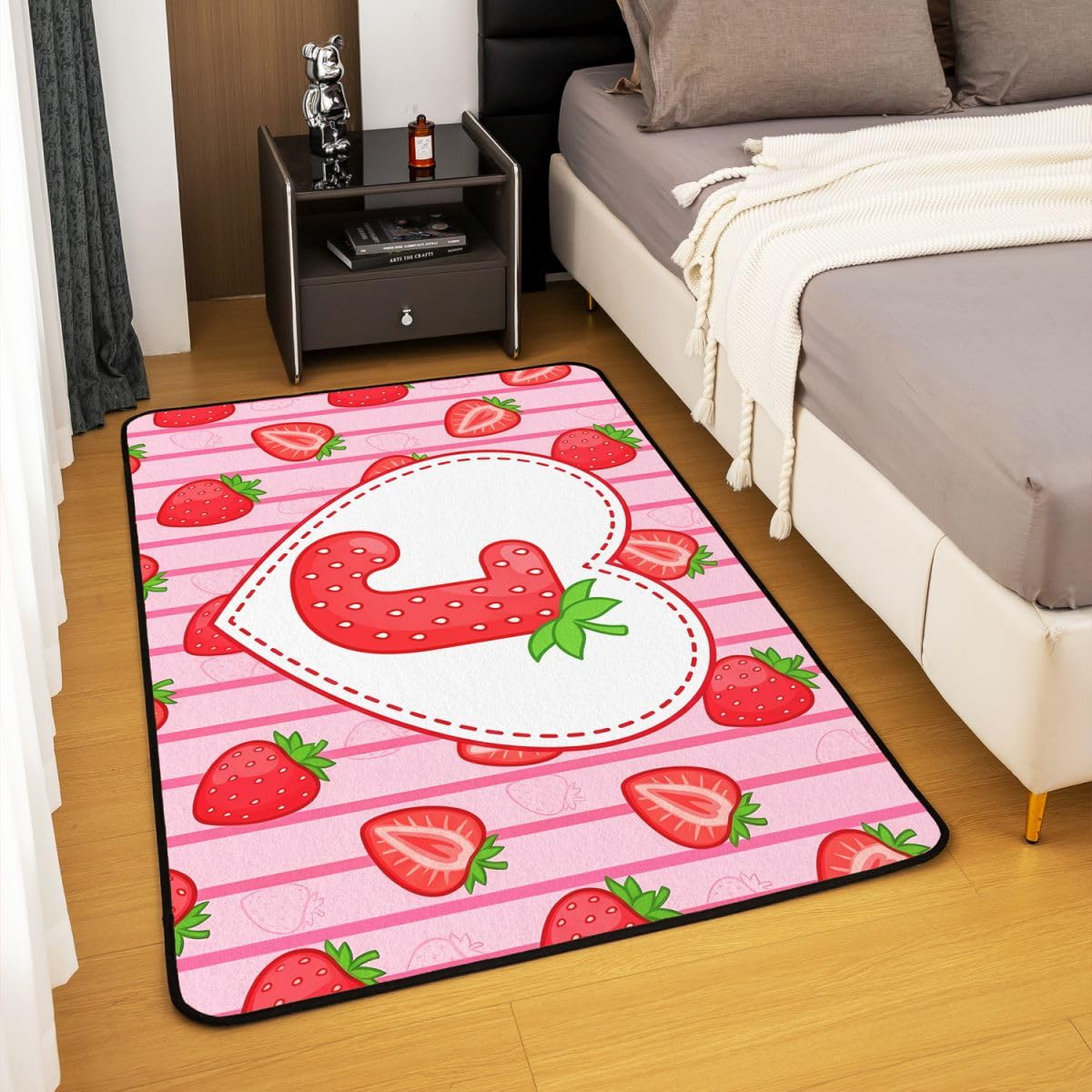 Loussiesd Tapis de Salon 100x150cm Fraise Tapis Chambre Personnalisé Lettre J pour Salon Chambre Cuisine ou entrée Kawaii Strawberries Moderne Alphabète Lettre Letter pour d’intérieur d'extérieur